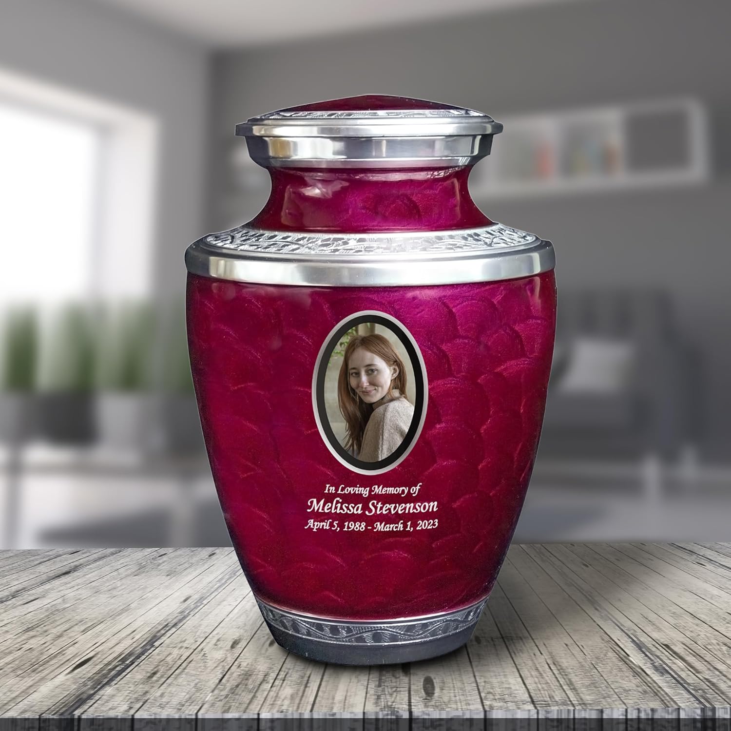 Personalized Photo Cremation Urns for Adult Human Ashes, Large Custom Engraved Picture Memorial Urn for Men and Women with Velvet Bag, Holds 230 lbs (Maroon)