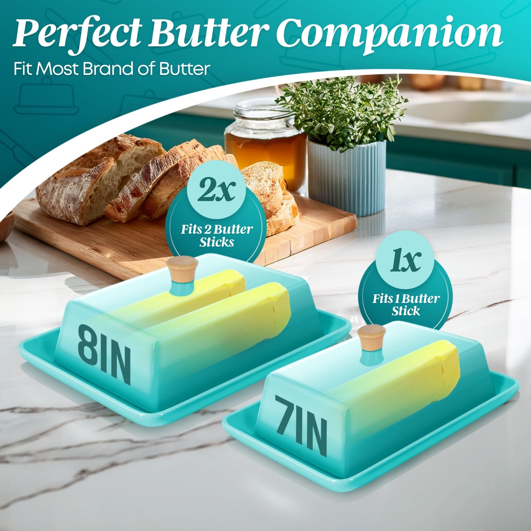 Flexzion Ceramic Blue European Butter Dish with Lid for Countertop (7 Inch) - Image 3