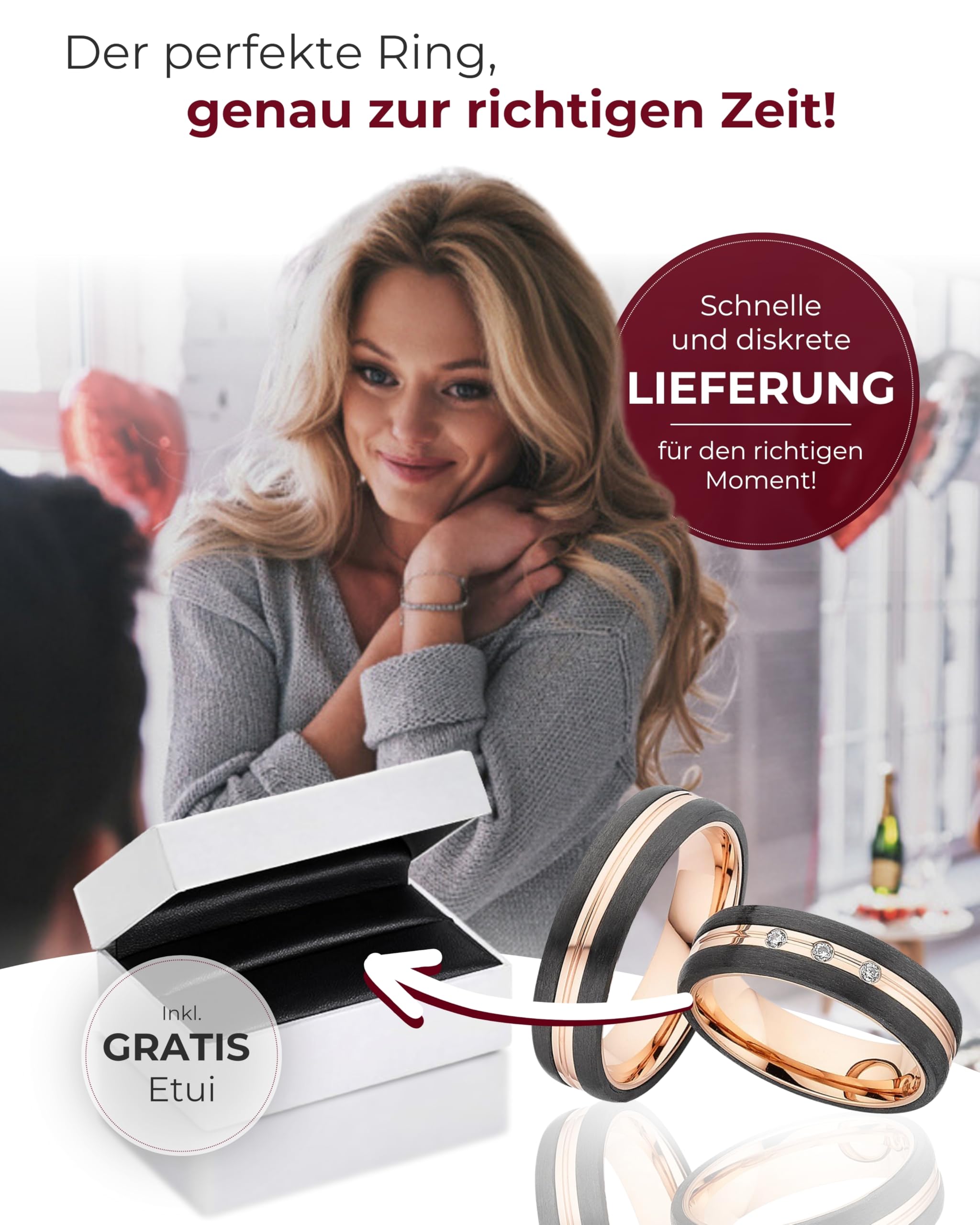 123traumringe Eheringe in Carbon, Titan & Roségold I Partnerringe mit 3 Zirkonia & Etui I Gravierbare Eheringe mit Ringgröße 50-72 mm I Edle Verlobungsringe in 5,5 mm Breite & 2,1 mm Stärke I P36