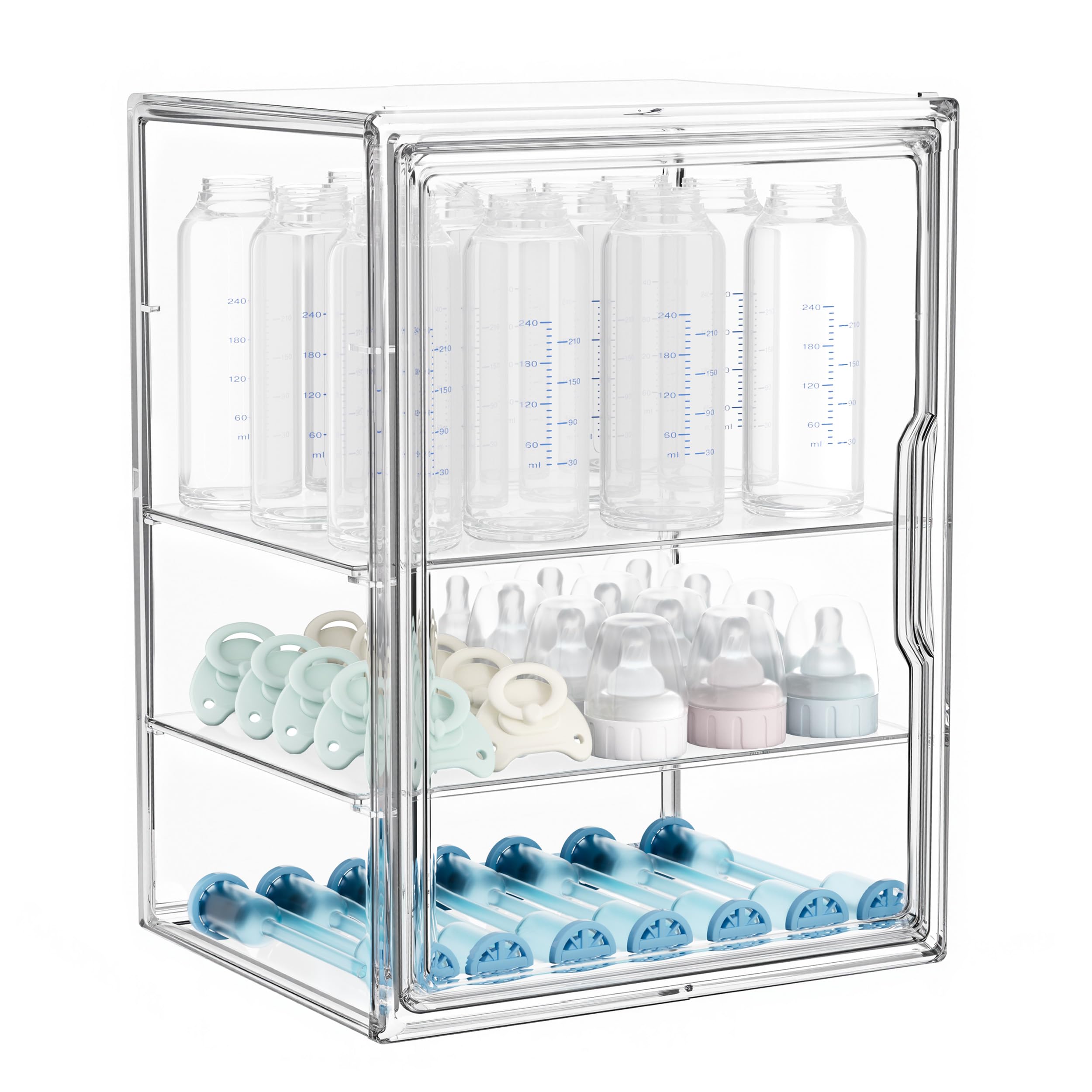 Photo 1 of HBlife Baby Bottle Storage Organizer for Countertop Cabinet, 3 Tiers Adjustable Clear Acrylic Bottles Storage Station Case Box Container with 2 Removable Dividers and Magnetic Double Door, X-Large