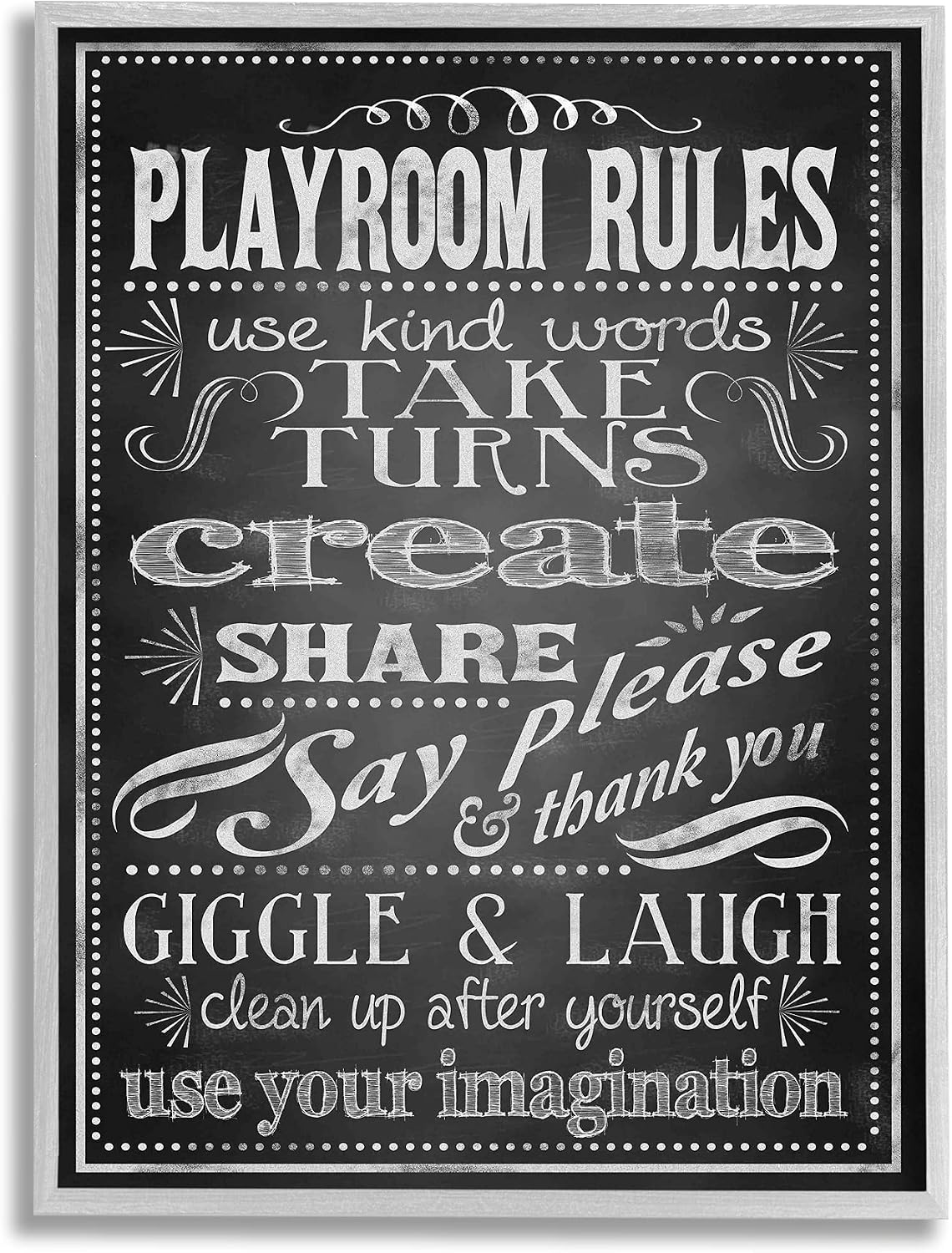Stupell Industries 'Black and White Playroom Rules Use Kind Words ', Framed Giclee Art, Gray, 24 x 30 Inches, Easy to Hang and Sturdy, Made in USA, by Reesa Qualia