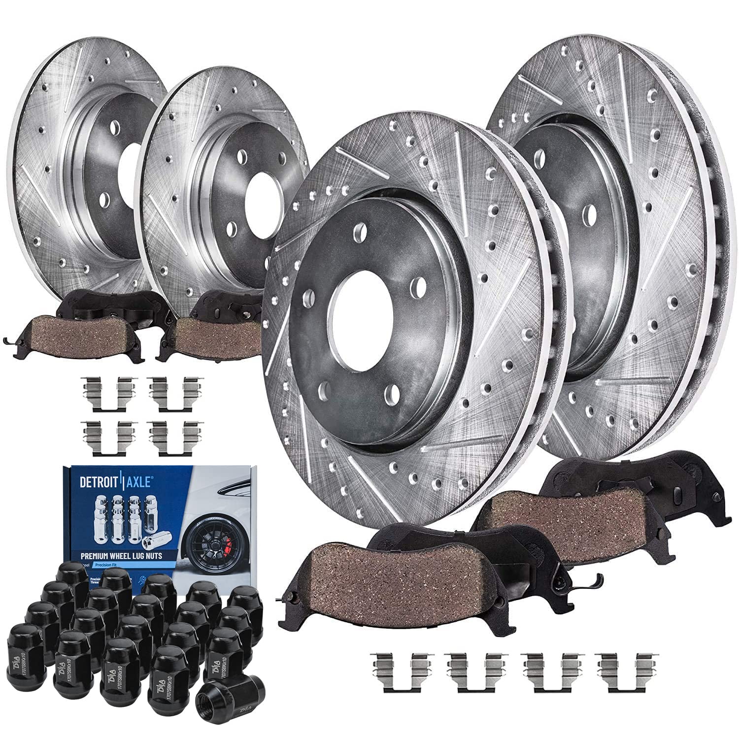 Detroit Axle - Brake Kit for Chrysler Town &amp; Country Dodge Grand Caravan | VW Routan Drilled Disc Brake Rotors Ceramic Brake Pads Wheel Lug Nuts Replacement 11.89'' inch Front and 12'' inch Rear Rotor