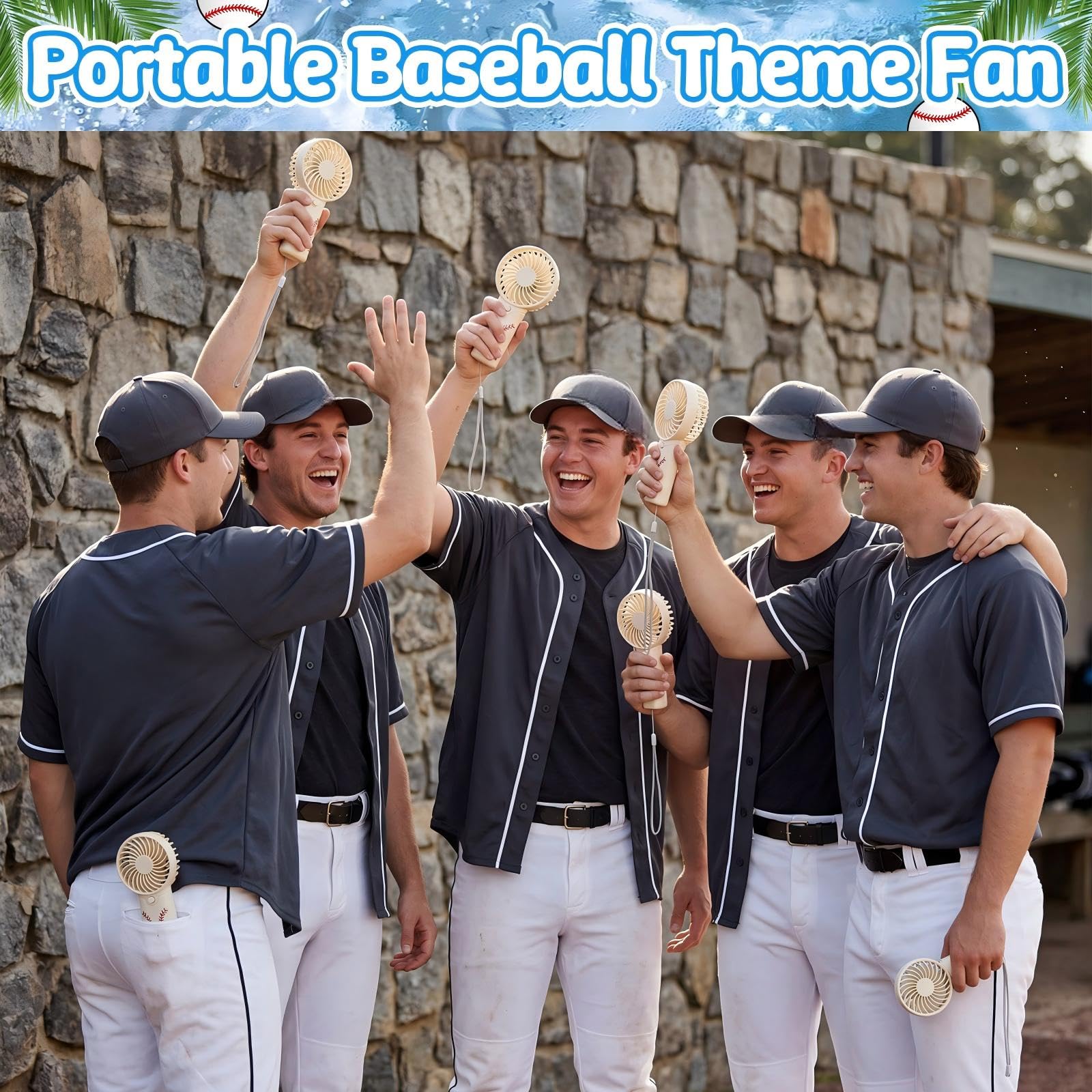 Tuanse Juego de 64 llaveros de acrílico portátil para abanico de béisbol y béisbol, regalos de equipo deportivo con tarjetas motivacionales, bolsas de organza, ventilador de mano alimentado por pilas