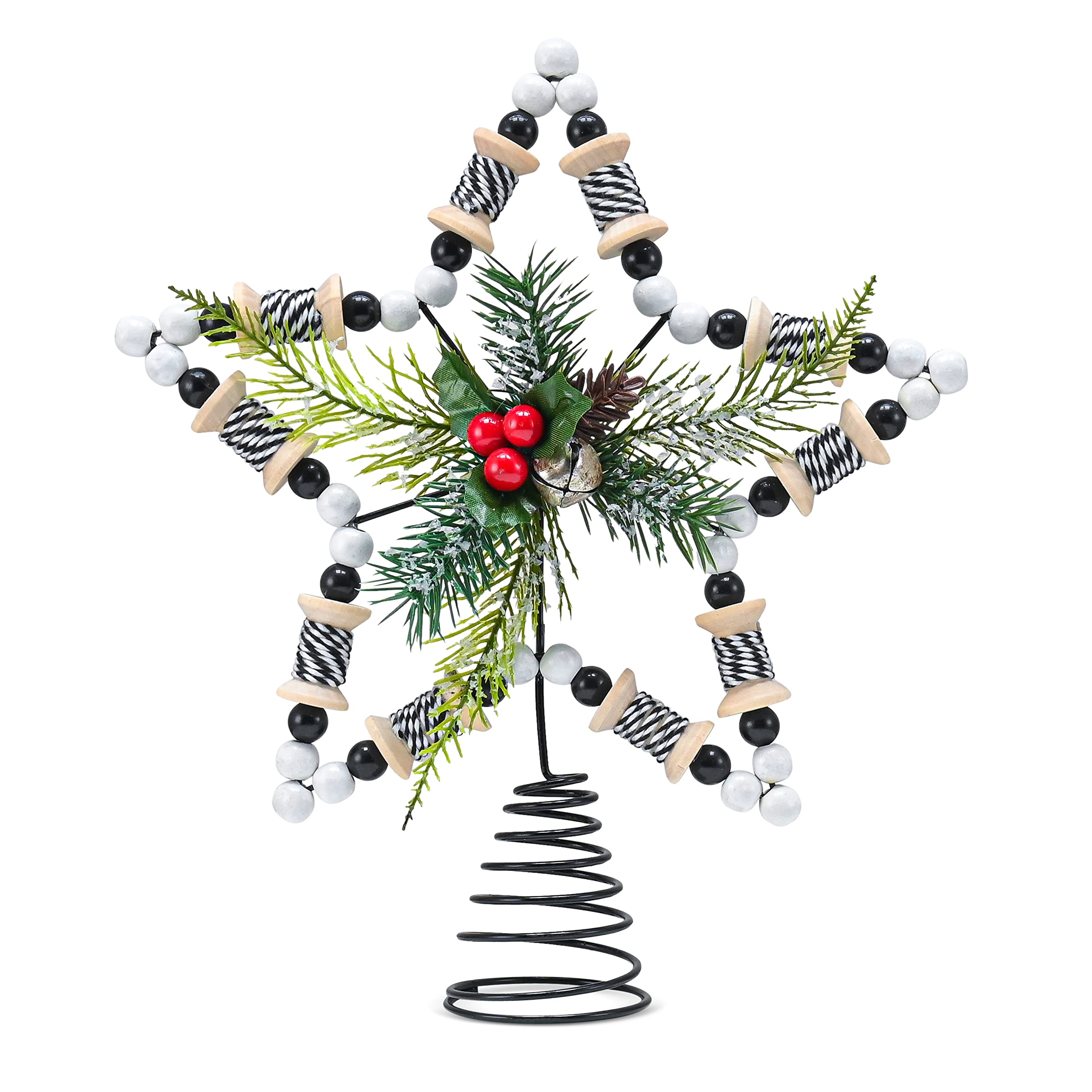 Ornativity Rattan Star Tree Topper – Christmas Farmhouse Decor Wooden Beads Rustic Tree Topper with Holly Mistletoe and Berry Wood Bead Trees Top Xmas