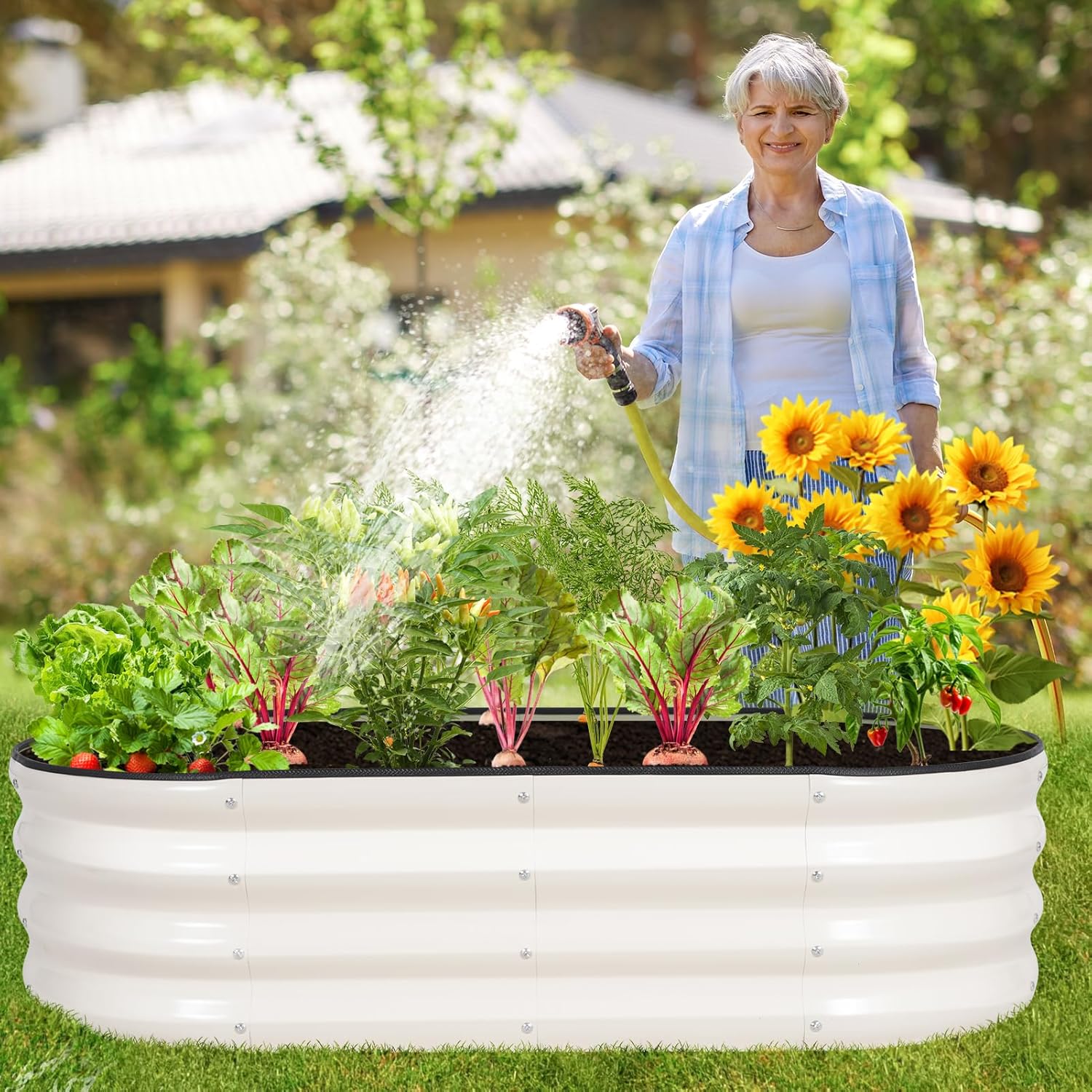 Galvanized Raised Garden Bed - 4×2×1ft (2 Packs) Planter Raised Beds for Gardening | Oval Metal Garden Planter Box with Safety Edging and Gloves for Vegetables Fruits and Flower (White)