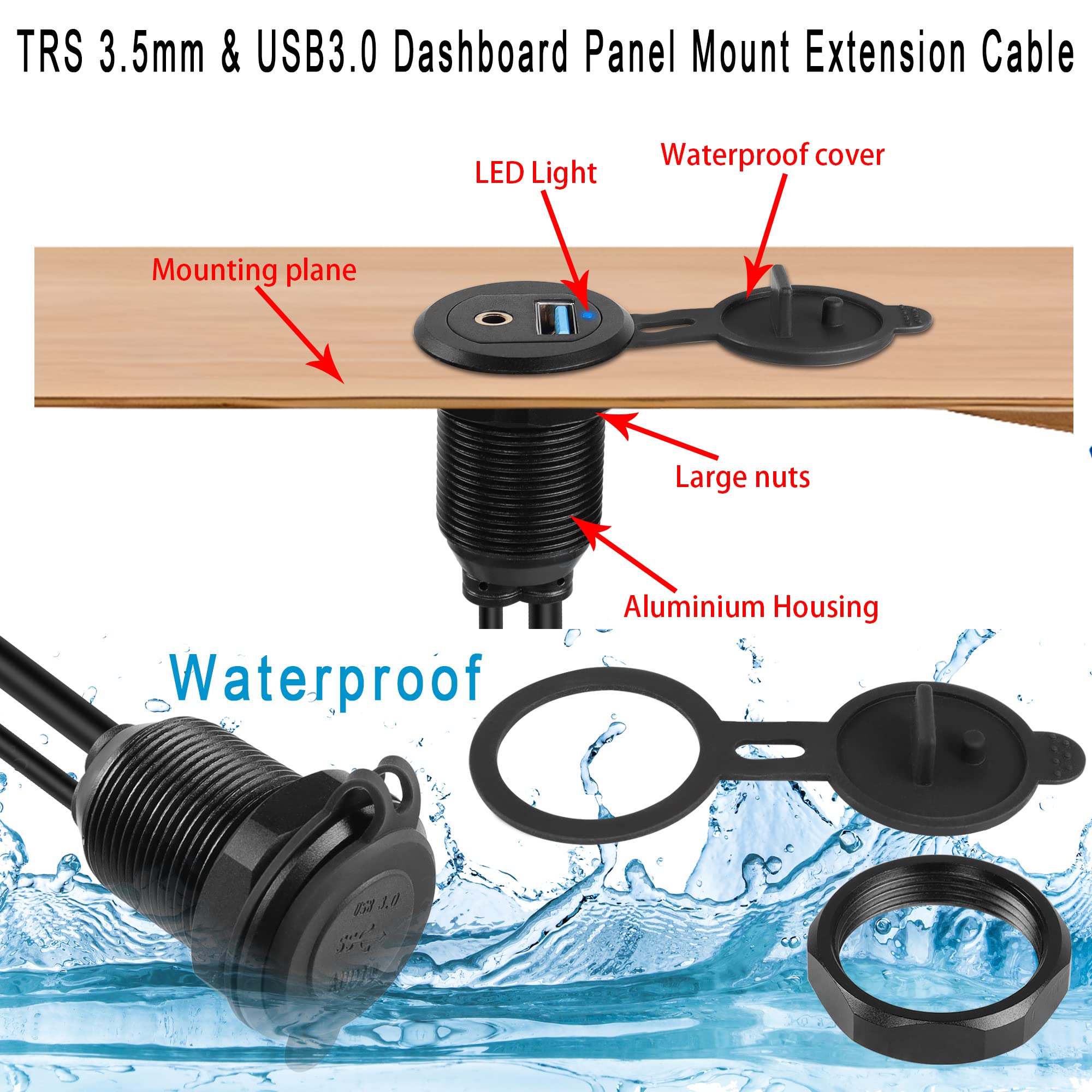 QIANRENON USB 3.0 & 3,5 Mm Audio Panel-Kabel – Wasserdicht, 2 M, Mit Alu-Gehäuse Für Auto & Boot