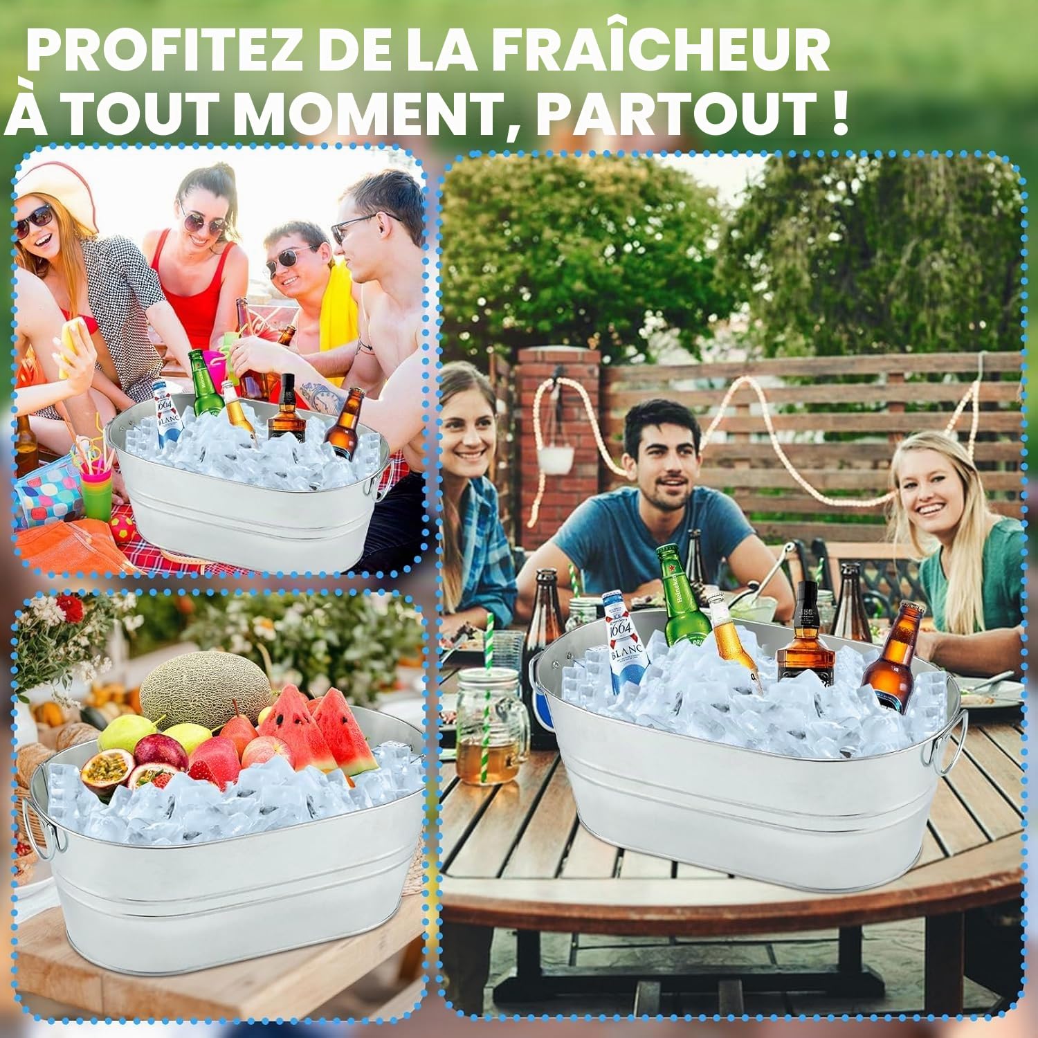 Lot de 4 grands seaux à champagne galvanisés de 13 L avec poignée de transport pour fêtes, barbecues et bars, bouteilles de refroidissement, canettes de bière ou boissons gazeuses, bière, champagne