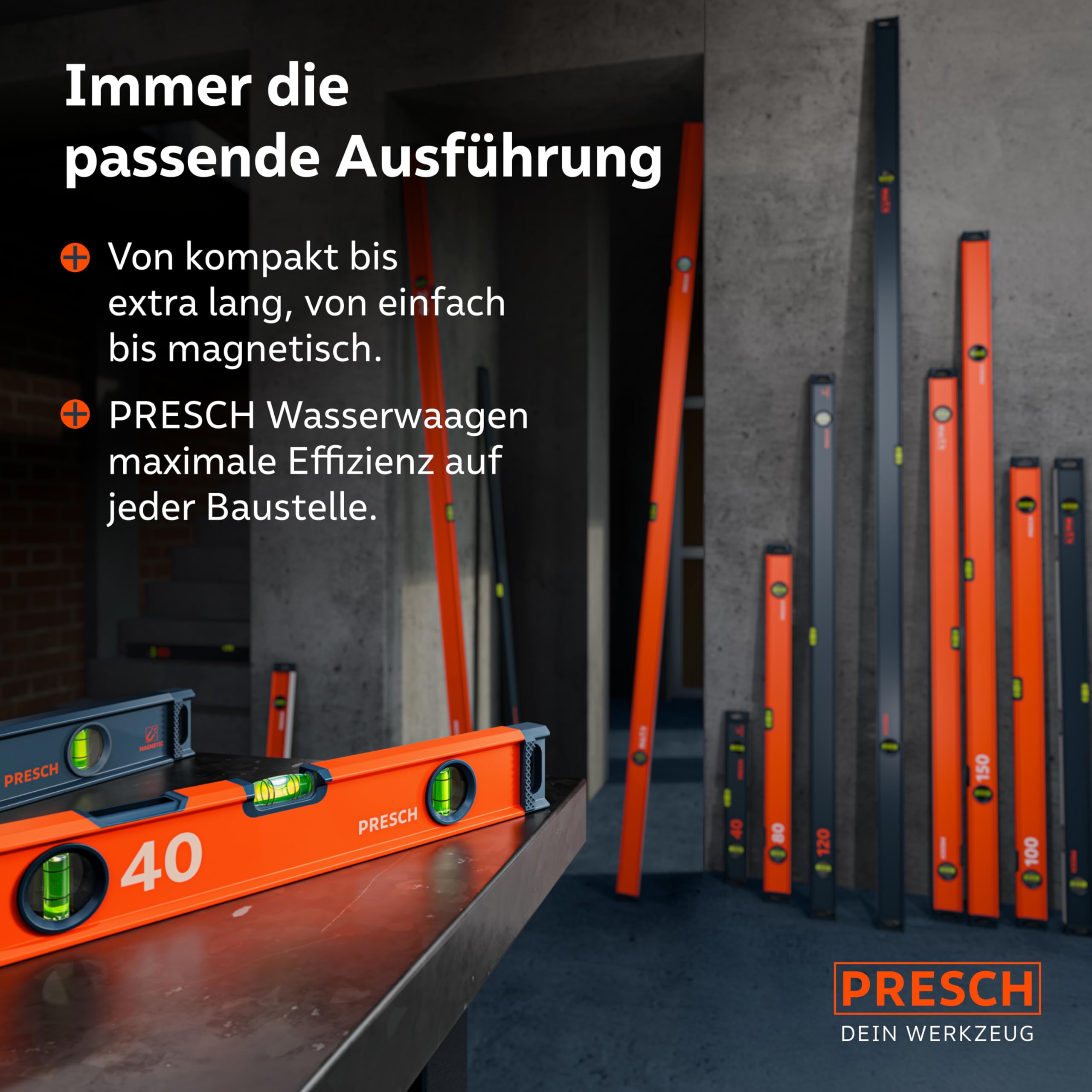 Presch Wasserwaagen Set 3tlg. magnetisch 40cm 60cm 100cm Bruchfeste Weitwinkellibelle 2% Gefälle-Anzeige Vertical-View-Funktion Rutsch-Stopp-Endkappen