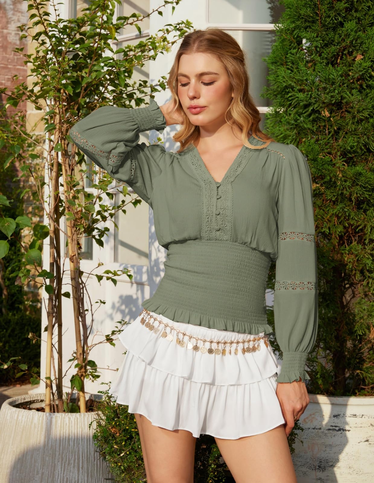 SCARLET DARKNESS Renaissance Shirt Women Boho Long Sleeve V Neck Smocked Peasant Tops: Small Bean Green