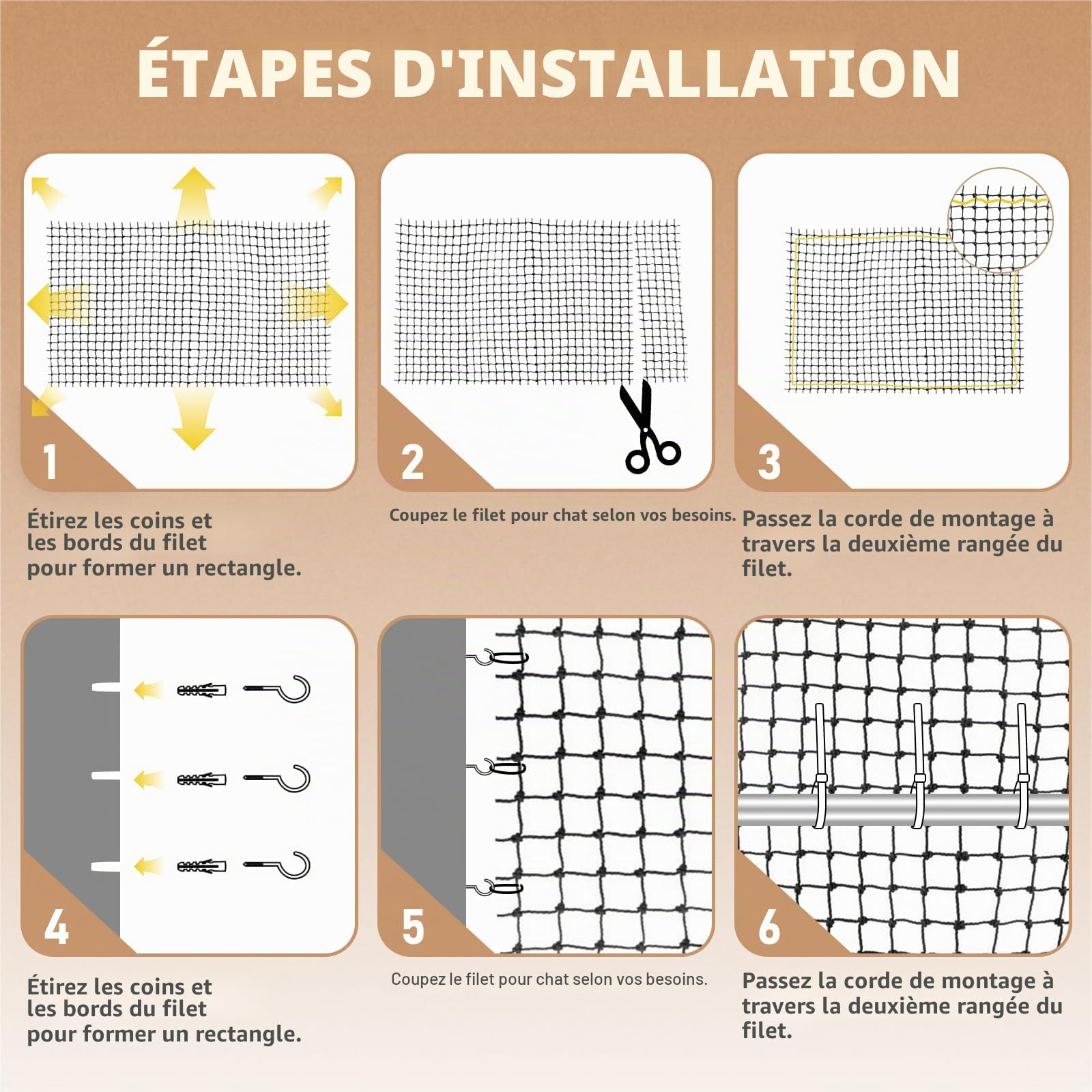 3x6m Filet de Protection Chat Renforcé de Fil d'acier, Filet Chat Balcon, Filet de sécurité pour Chat avec kit de Fixation pour Balcons, Terrasses, Fenêtres, Noir