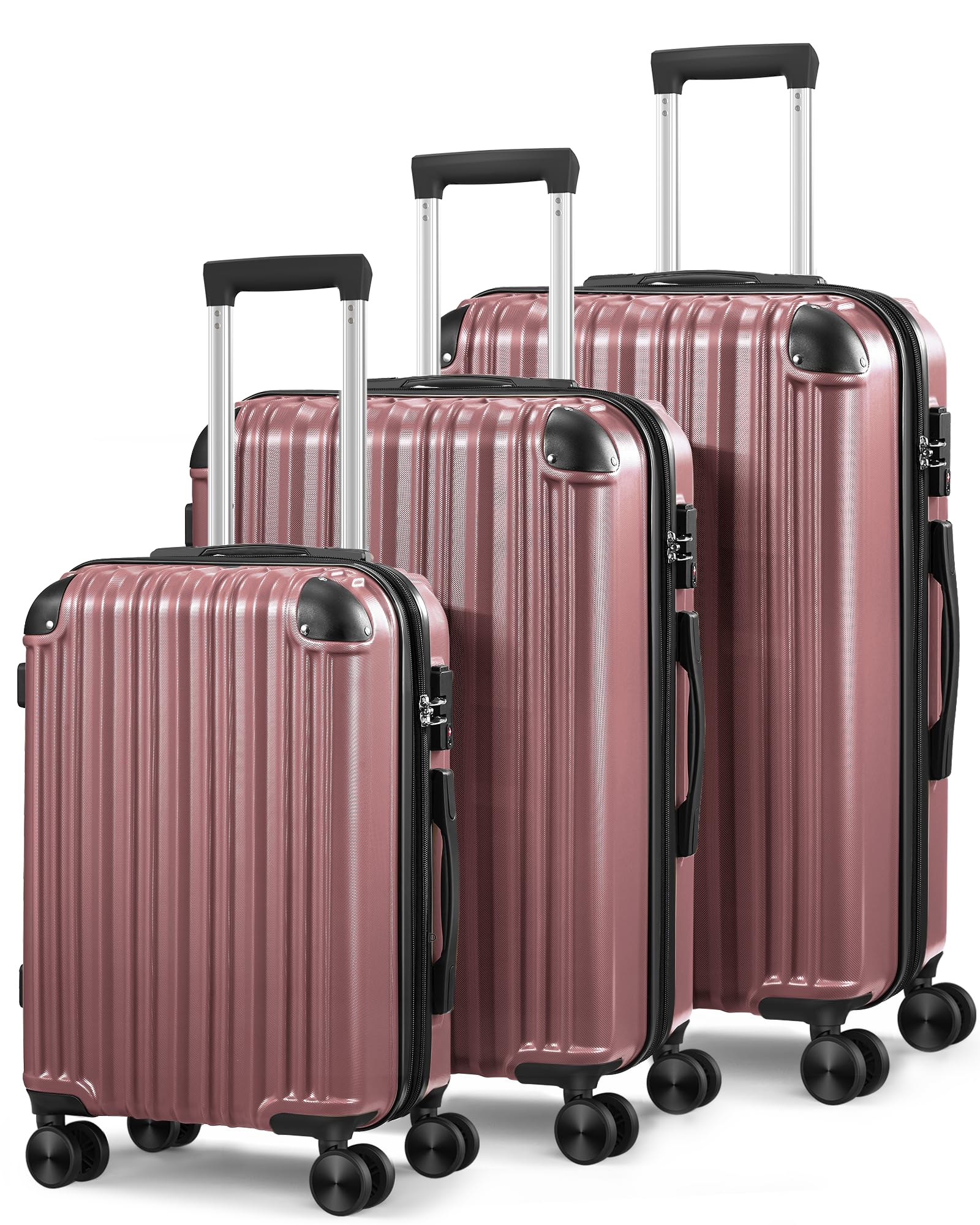 SunnyTour Expandable Luggage Sets 3 Piece Set, Hard Shell Spinner Suitcase Set, 20/24/28" Carry-on and Checked Luggage(Rose Gold)