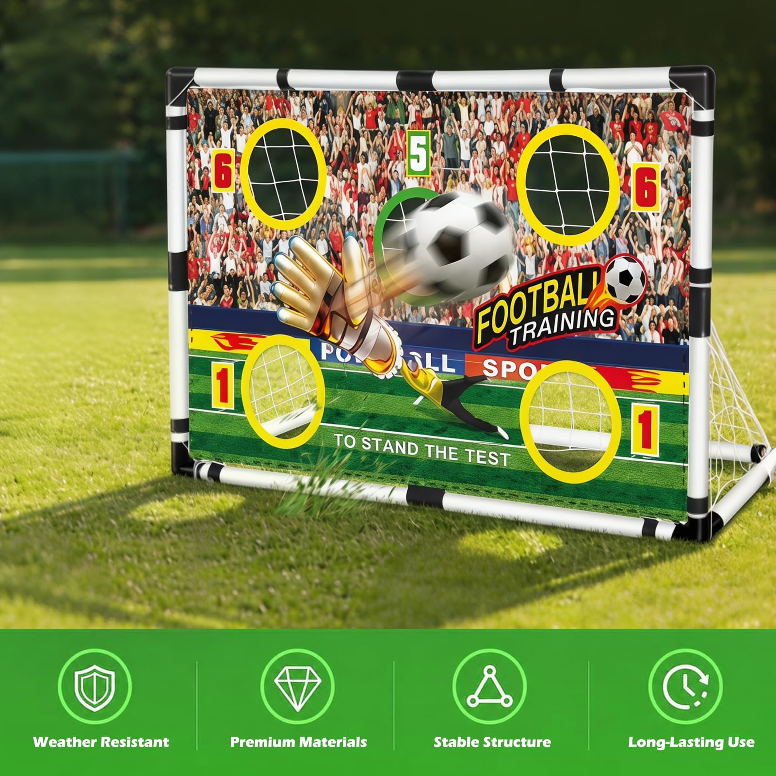 Porta da calcio 2 in 1 per bambini, 120 x 78 x 64 cm, porta da calcio per giardino, portatile, con 5 aree di bersaglio, stabile porta da calcio per giardino, parco, spiaggia, include 4 picchetti di