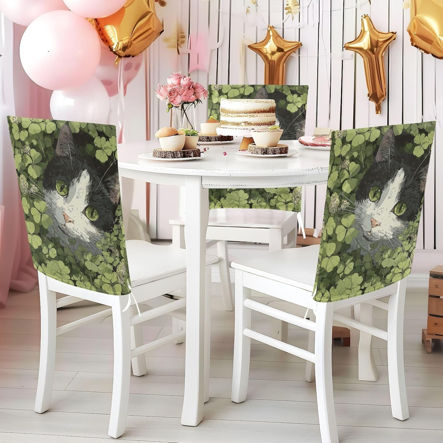 ALAZA Cat Clovers Chair Back Cover Set of 6, Washable Reusable Removable Chair Slipcovers Decorative Chair Cover for Home Kitchen Wedding Party