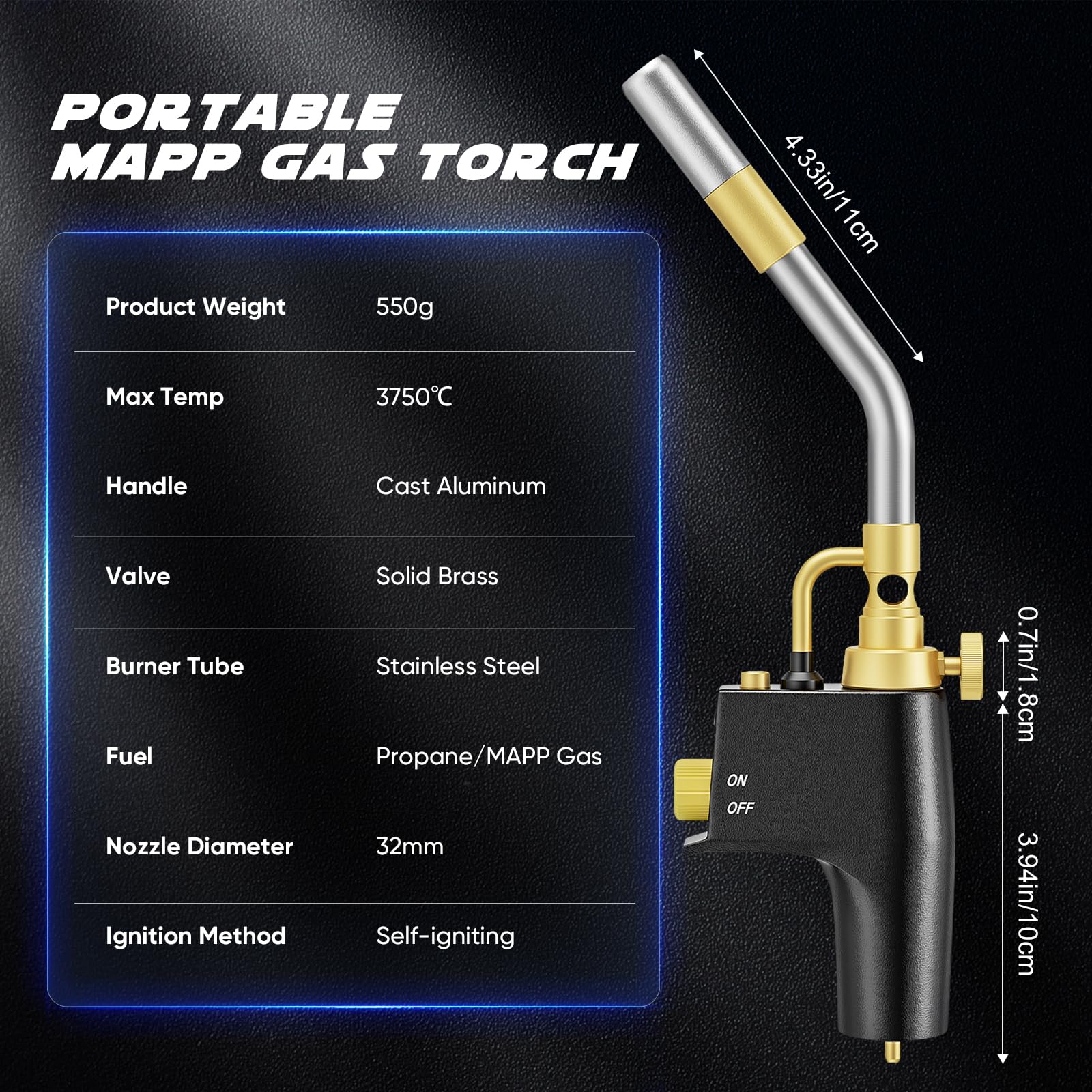 Torcia a Propano MAPP, Intensità di Fiamma Regolabile e Torcia a Gas con Tubo in Ottone Massiccio, Portatile e Resistente per Lavori Idraulici, Brasatura, Bruciatore di Erbacce, Saldatura di Tetti