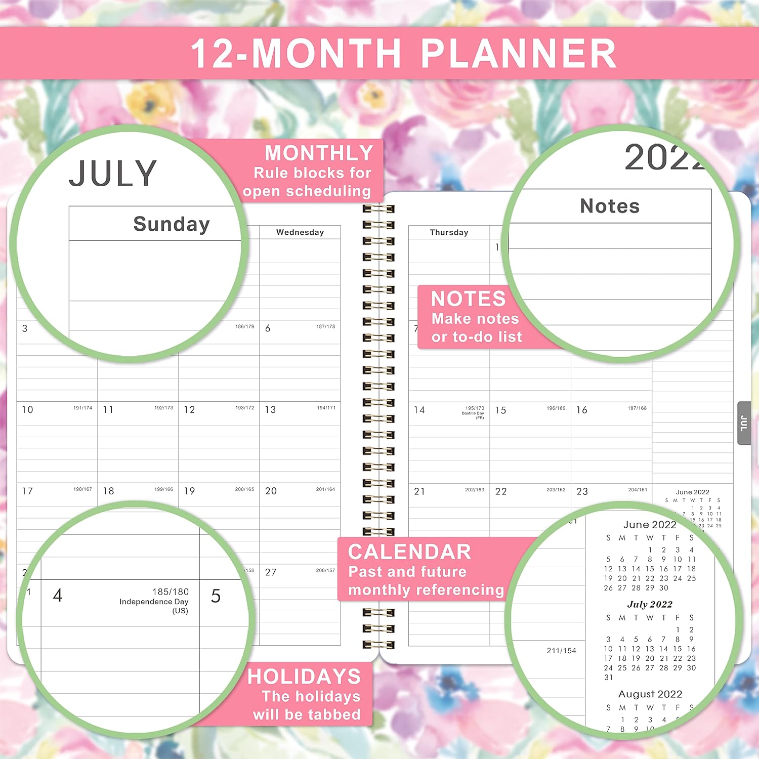 2022 Planner - Planner 2022 with Flexible Cover, 8" x 10", January - December 2022, 2022 Planner Weekly and Monthly with Twin-Wire Binding, Beautiful Flowers