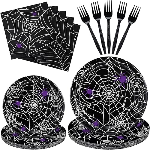 Soaoo 96 piezas de suministros para fiesta de Halloween, juego de vajilla de telaraña, incluye platos de postre, servilletas de almuerzo, tenedores
