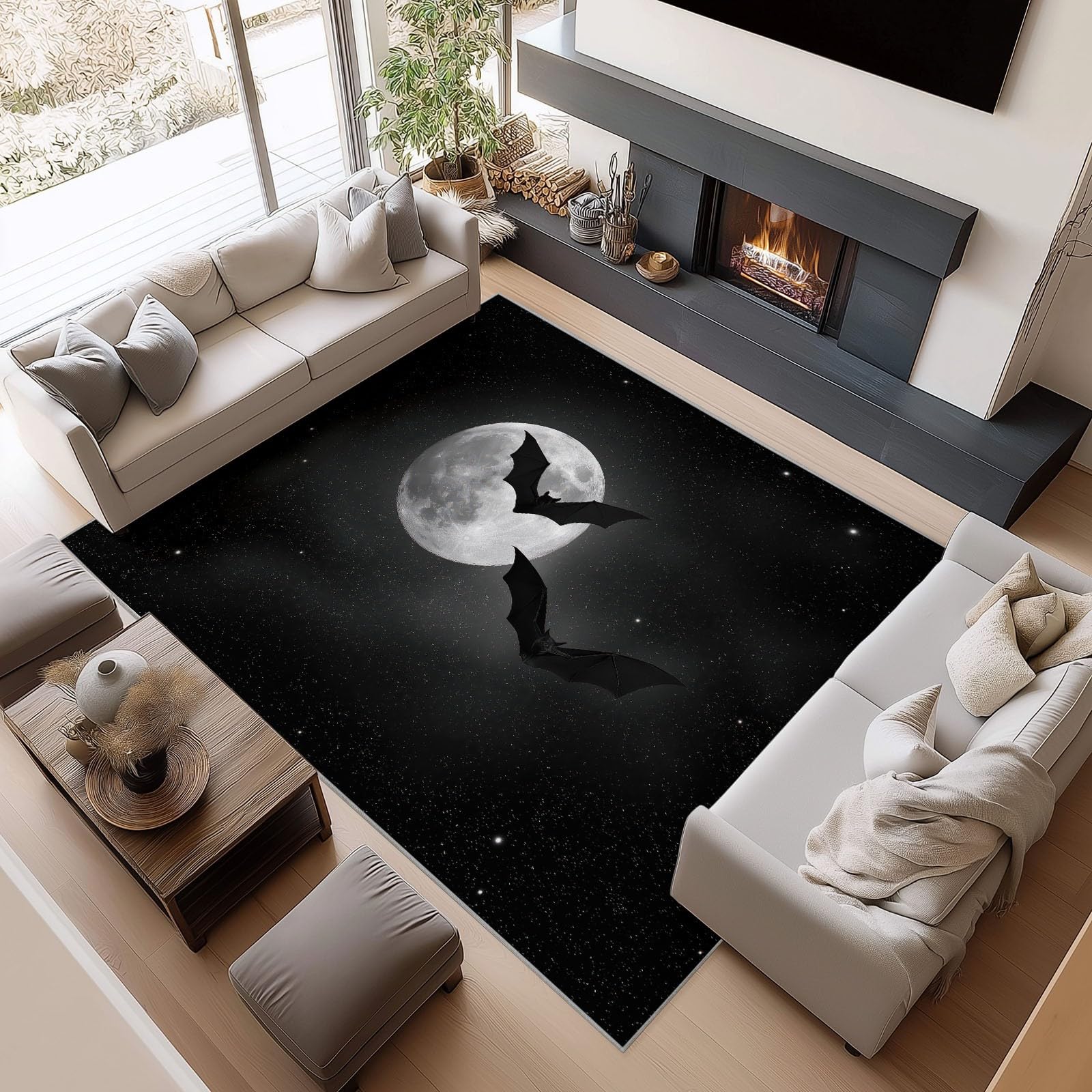 Teppich Wohnzimmer Waschbar rutschfest Schwarze Fledermaus Mond 60x120cm Moderner Kurzflor Teppich Weich für Schlafzimmer, Esszimmer, Flur und Büro