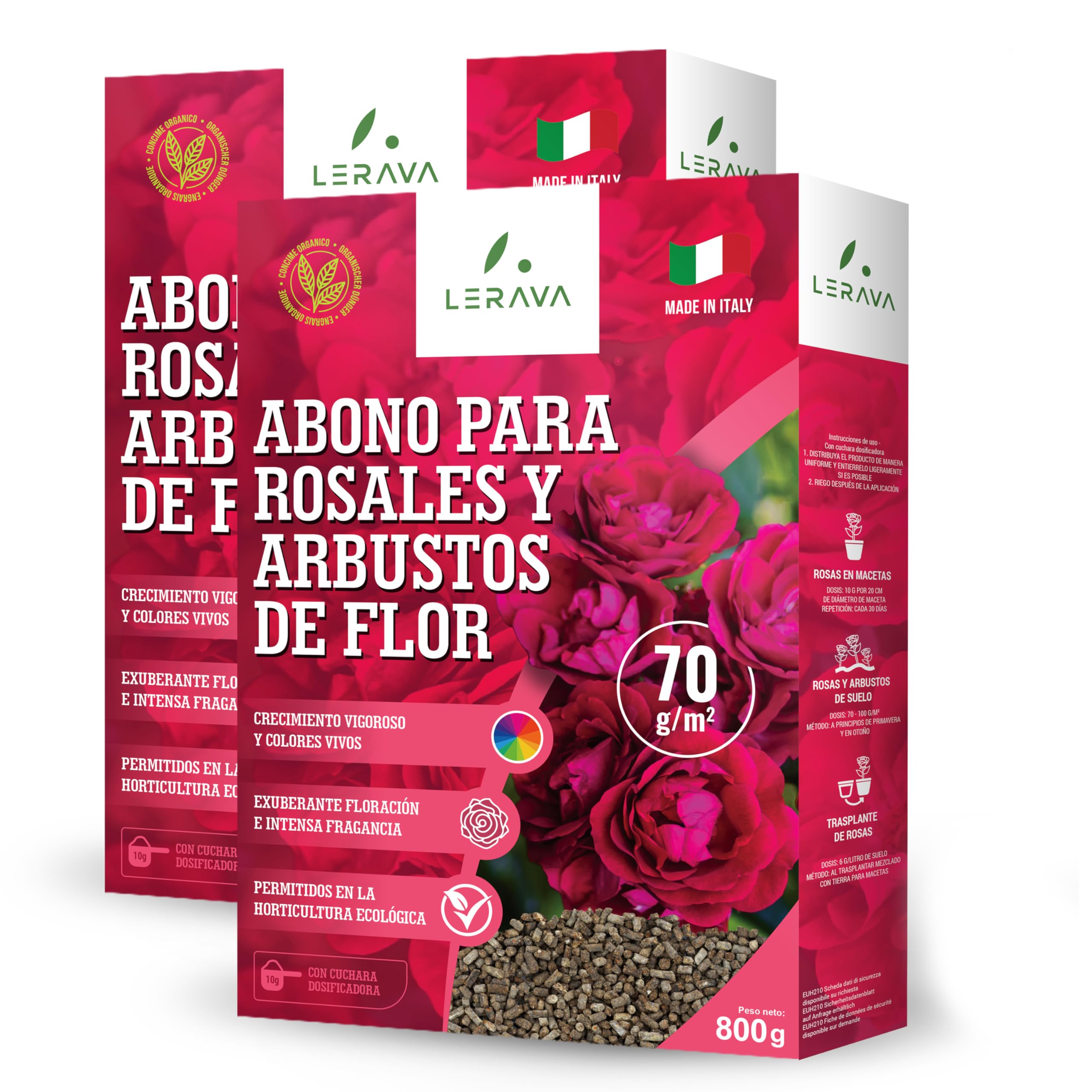 LERAVA® Abono rosales y plantas con flor - 2x800g con tapón dosificador - Crecimiento vigoroso y colores brillantes - fertilizante plantas de exterior o en maceta - abono orgánico 100% Made in Italy
