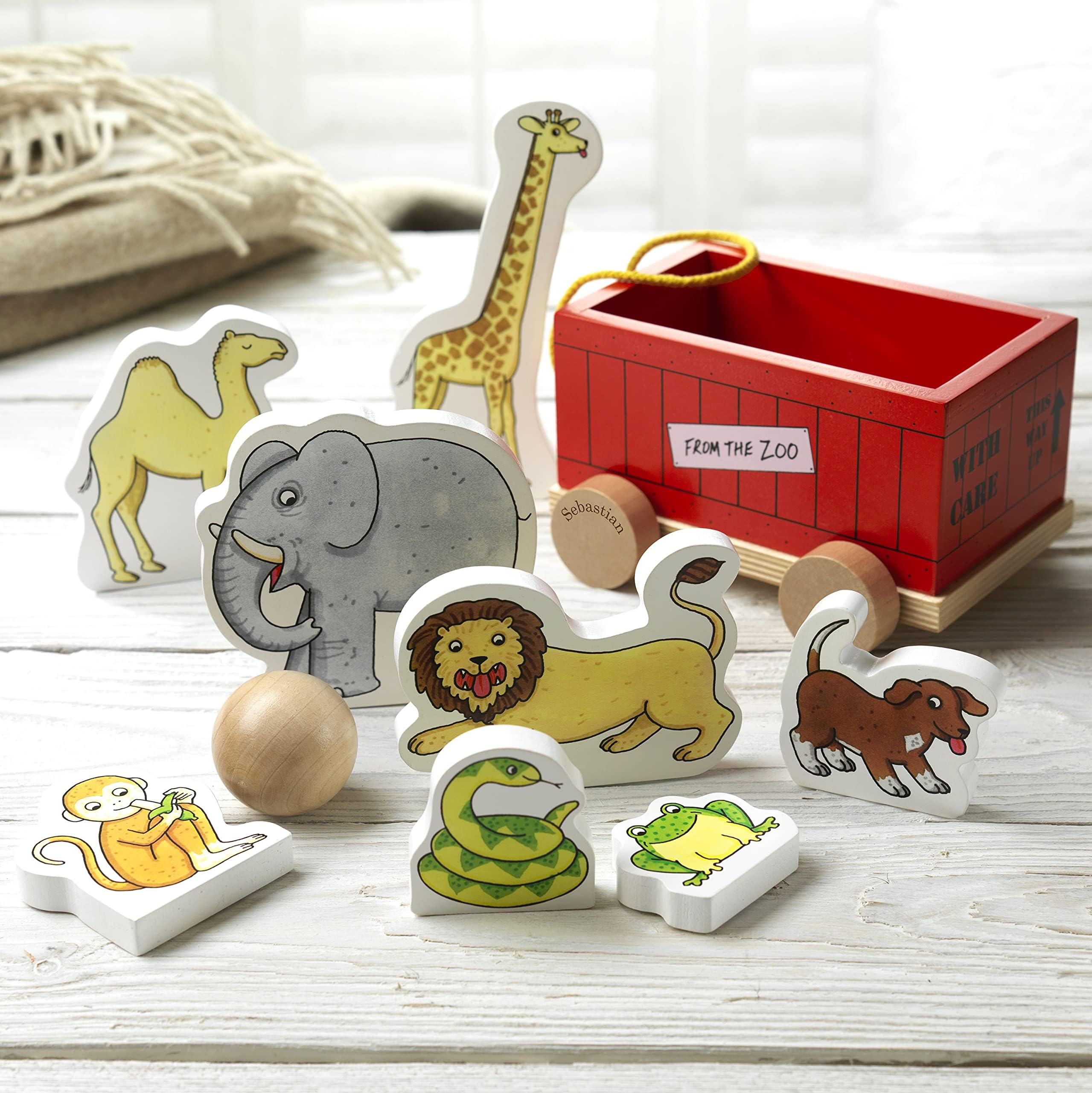 Personalised Dear Zoo Skittles Set Wooden Childrens Games 8 Piece 1 Ball & Cart | Indoor Outdoor Playset | Gift with Custom Name | Educational Toys | Animal Games for Kids Girls Boys