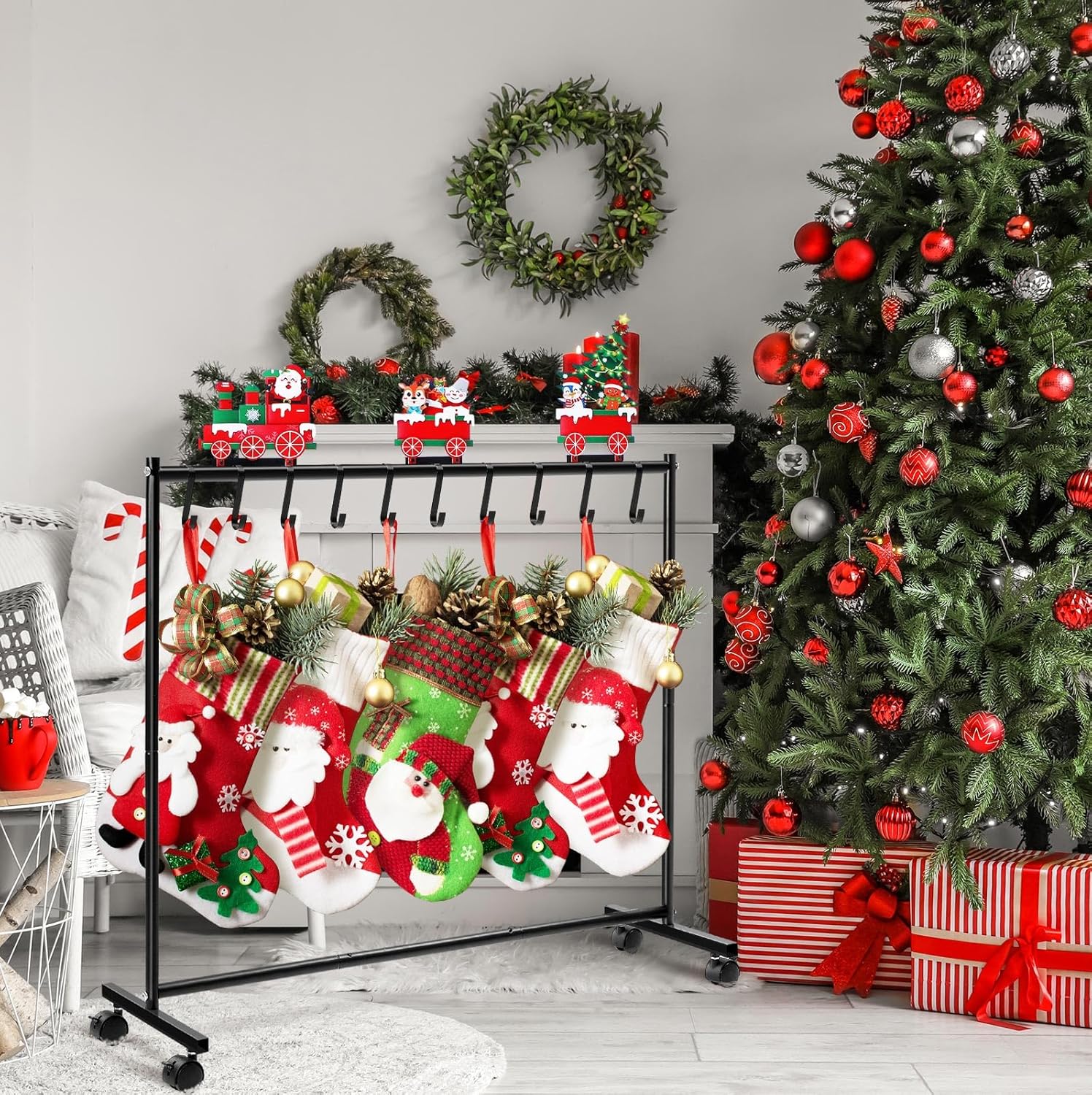 35 x 31 Inches Christmas Stocking Holder Stand with 10 Hook Metal Heavy Duty Free Standing Christmas Stocking Rack Stand with Wheels Merry Christmas Stocking Decorations Living Room