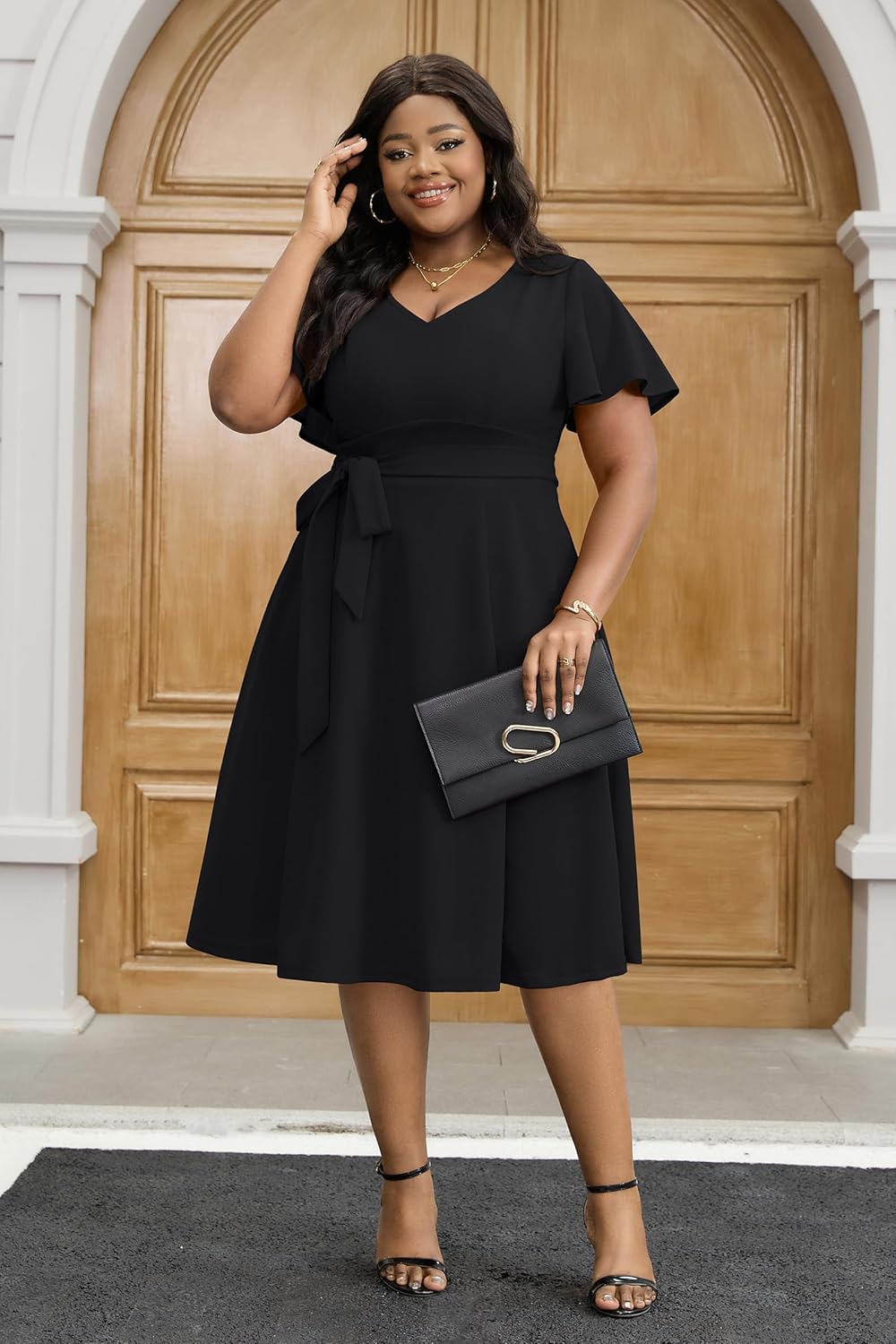 Runwind Plus Size Dress Church Dresses for Women Summer Casual V Neck Ruffle Sleeve Knee Length Dress with Pockets - Image 4