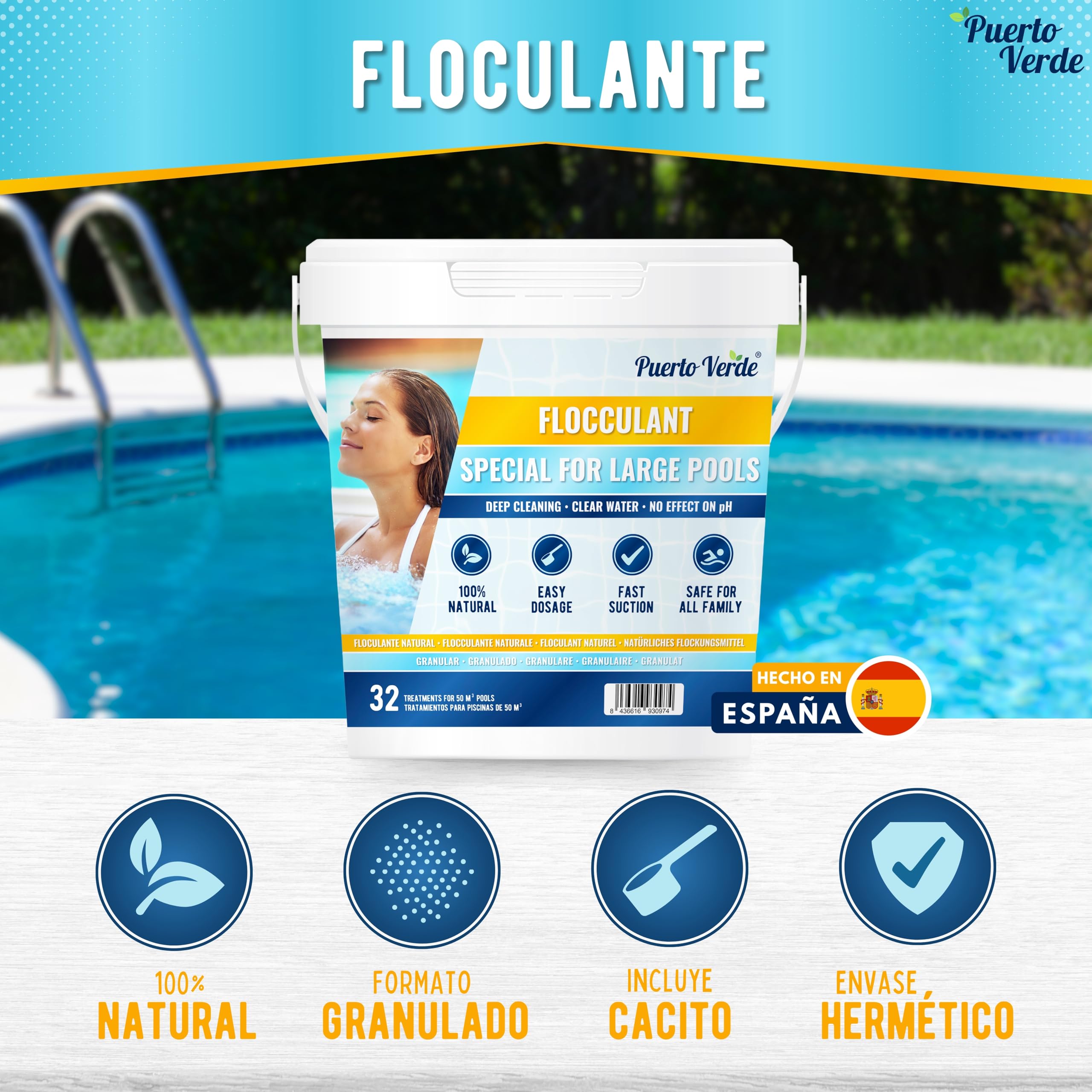 Floculante Natural 64 Tratamientos. Clarificante para Piscinas Grandes. | Apto para Spas e Hidromasajes. Eliminador de Turbidez para Agua Cristalina. Formato Gránulo de Uso Seguro. Producto Español.