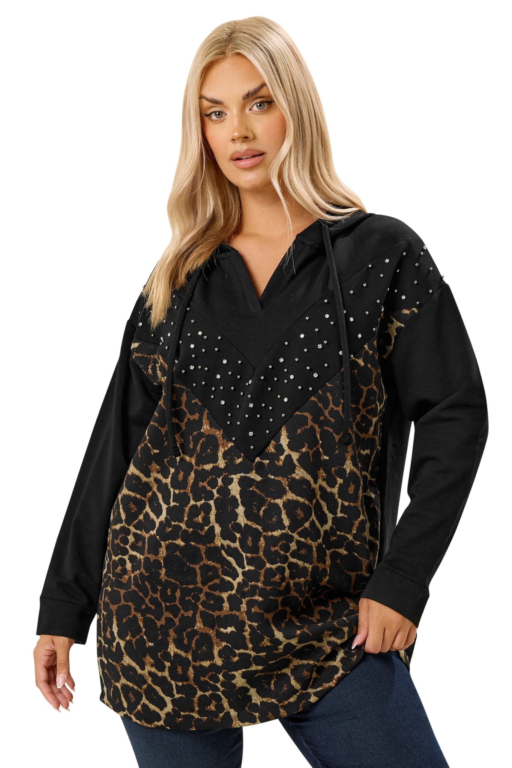 Yours Women's Black Leopard Print Stud Hoodie In | : 26/28