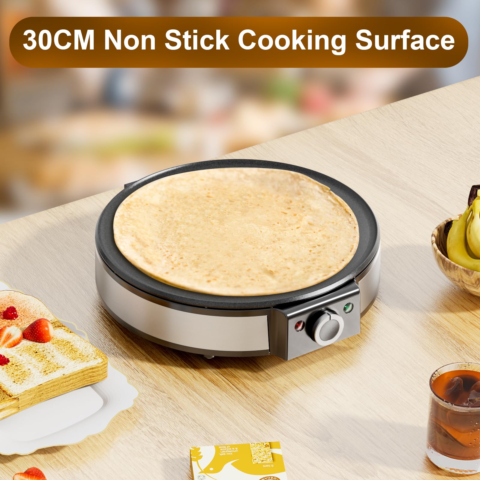 SNAILAR Crêpes Maker, Elektrische Crepesmaker 1200 W, Heizfläche mit Ø 30 cm, Antihaftbeschichtung, Stufenlose Temperatureinstellung, mit Teigteiler und Spatel, Für Crepes, Pancakes und Taccos