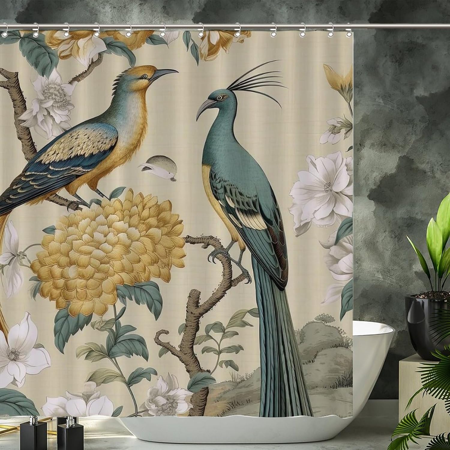 Shower Curtain Yellow Flower Peony Peacock Polyester Bathroom Bathtub Curtain Yellow Grey Chinoiserie Bird Bath Curtain Asian Scenic Waterproof Shower Curtain with Hooks 72x80inch