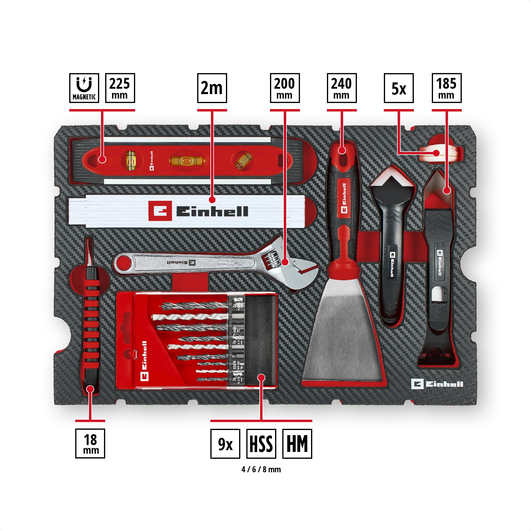 Original Einhell E-Case valigetta attrezzi 78 pezzi ristrutturazione (ristrutturazioni, punte trapano, inserti, utensile fughe, pinze, spatola, sega legno, chiave rullino, livella, valigetta sistema)