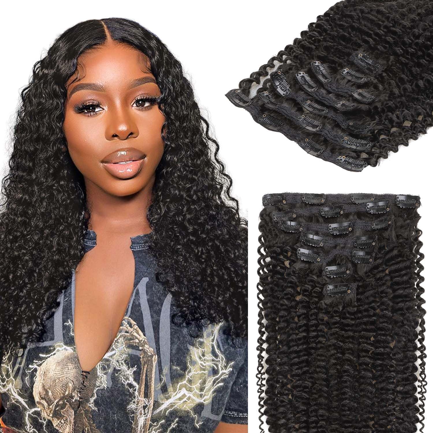 Lashey Hair Extensions Real Human Hair Clip ins Black Women Kinky Curly 120g 7pcs Clip in Human Hair Natural Black 24 Inch Clip in Curly Hair Extensions