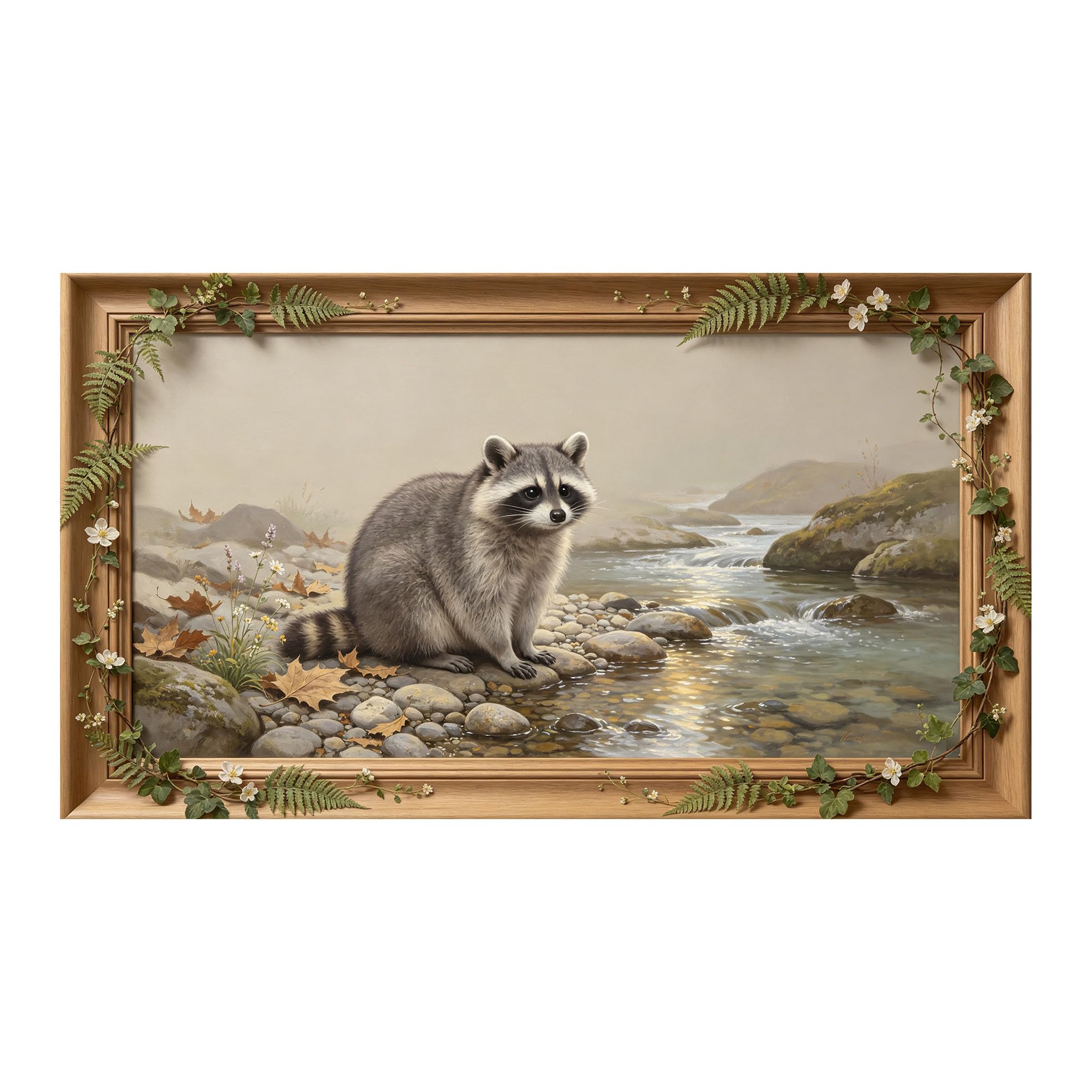 Murasolite 3D 3D Framed Wall Art 50cm×90cm Woodland Raccoon River Landscape Oil Painting SelfAdhesive Fabric Mural Wall Decor, Peel and Stick No Damage to Wall for Bedroom Living Room
