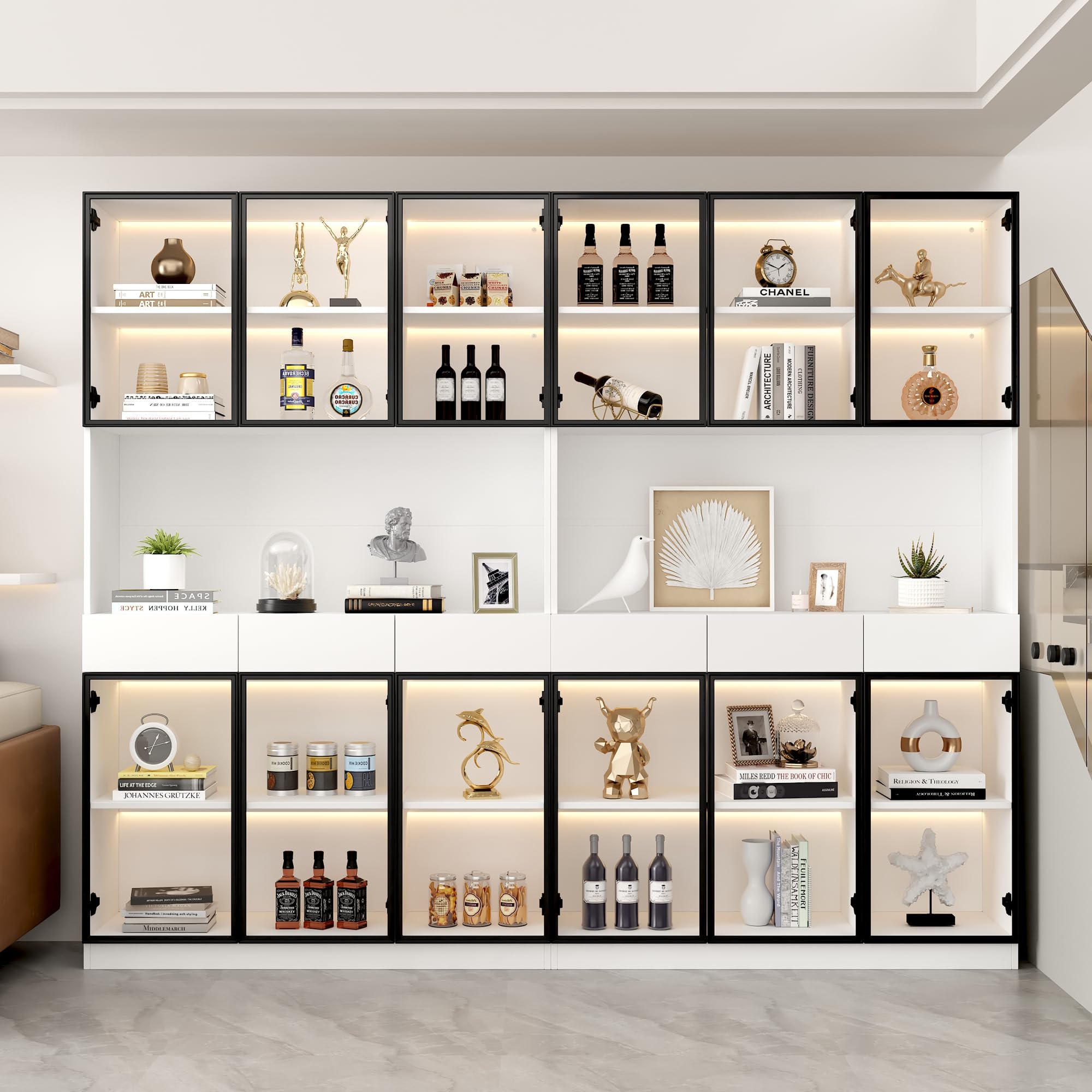 Kebnor Anta in vetro, altezza 200 cm, vetrina bianca con luci a LED, libreria multiuso per collezioni, camera da letto, soggiorno, ufficio, telaio porta bianco-nero