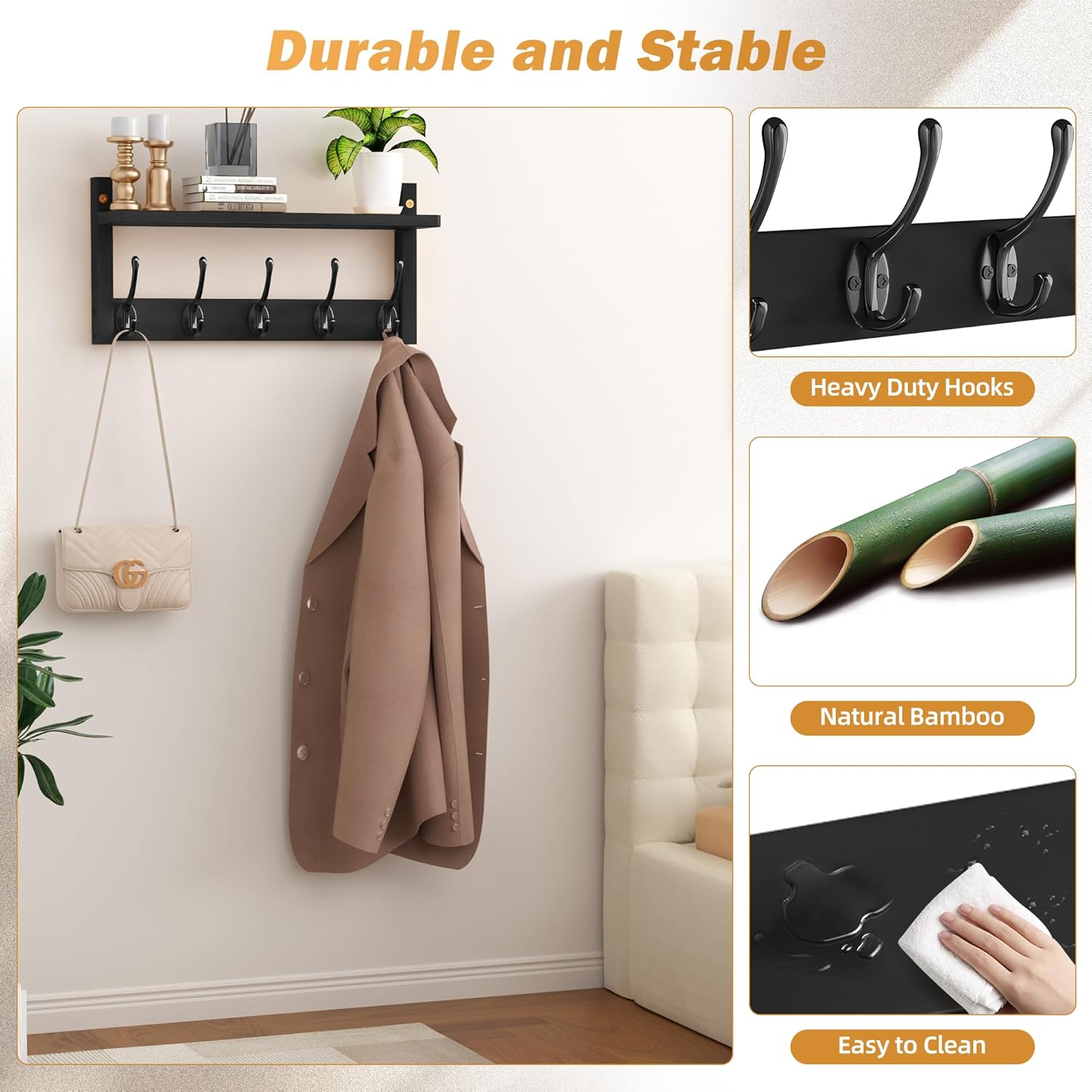 VASMIA Coat Rack Wall Mount with Shelf,Bamboo Wall Shelf with Hooks,Coat Hangers for Entryway,Bathroom, Living Room, Bedroom, Black