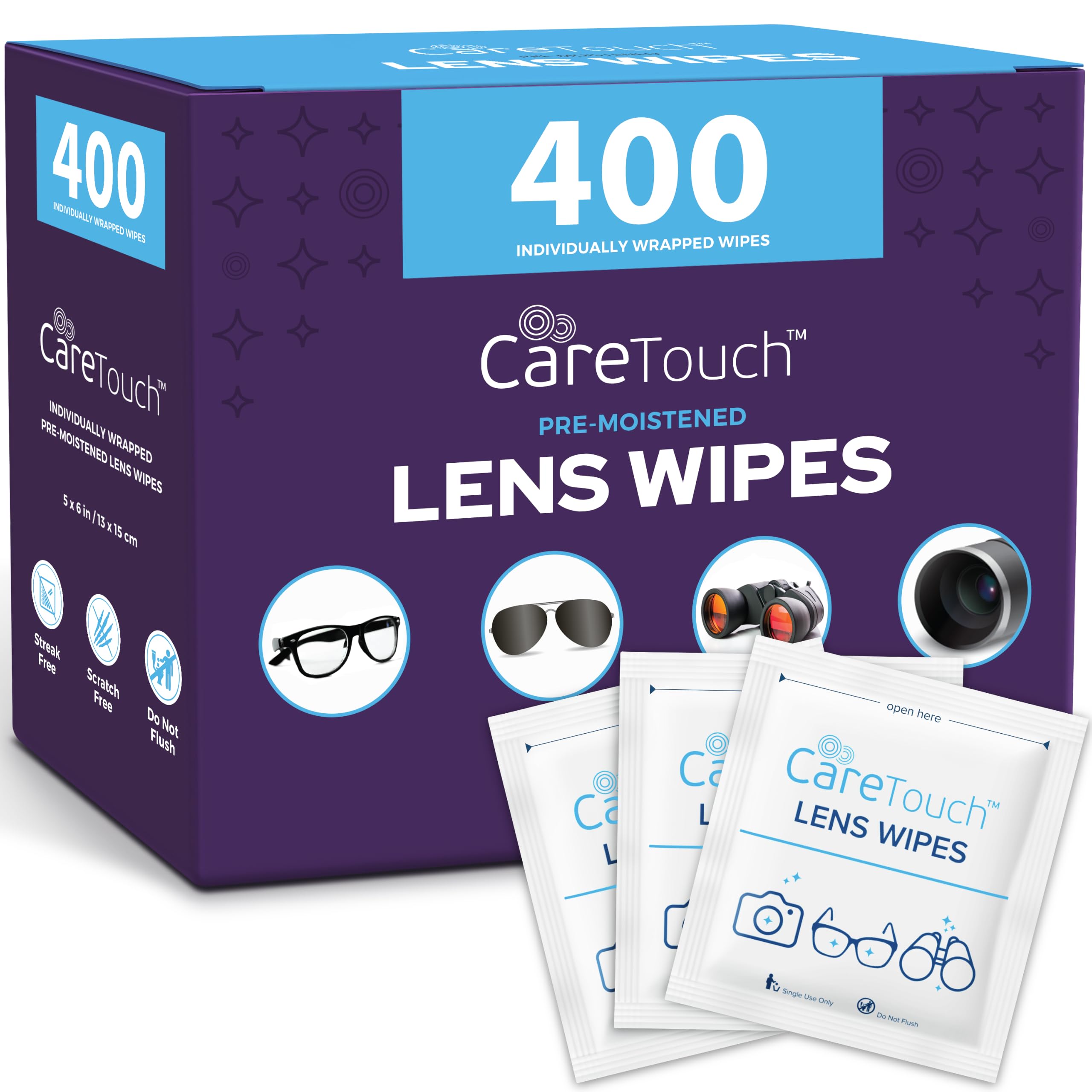 Care Touch – Lot de 400 lingettes de nettoyage anti-buée pour lunettes, tablettes, objectifs d'appareil photo, écrans, claviers et autres surfaces délicates