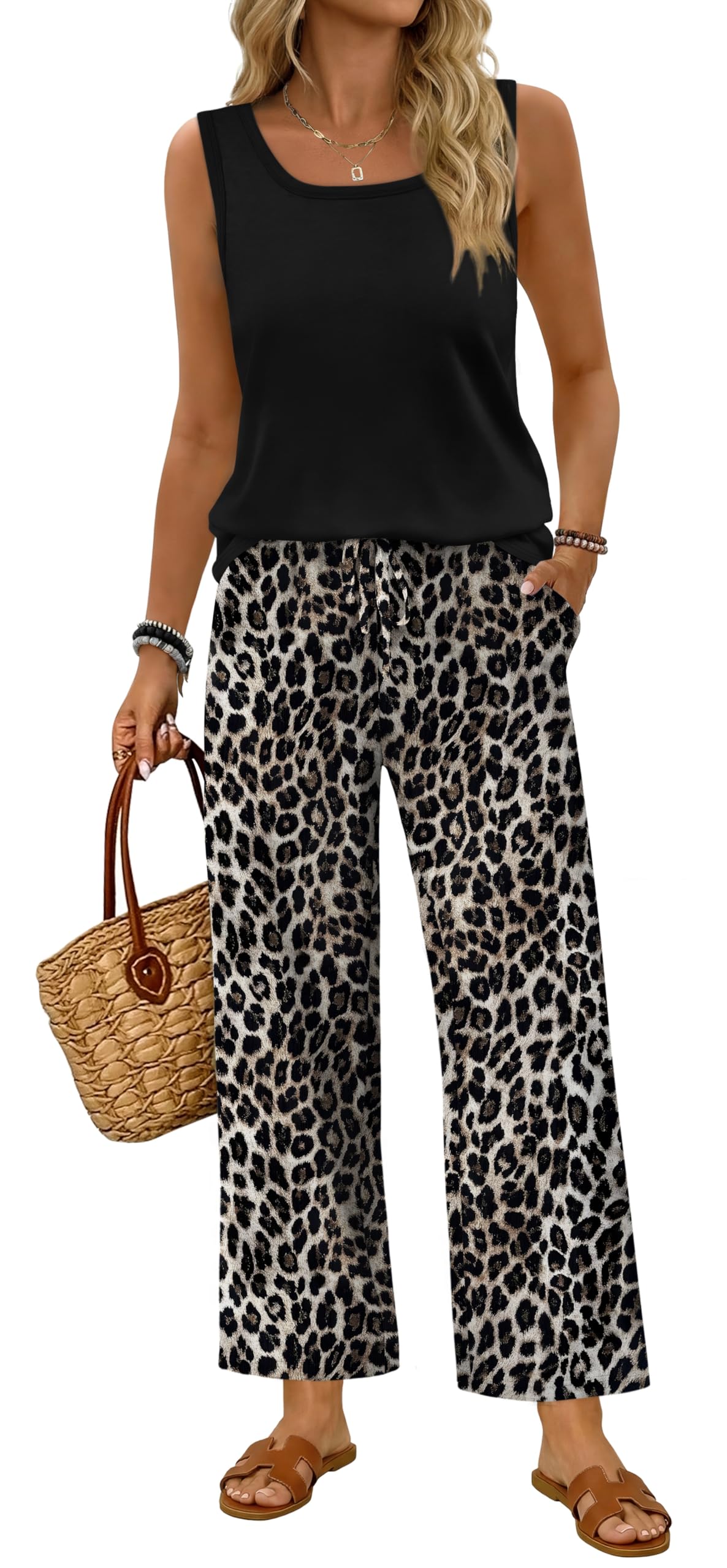 WIHOLL Two Piece Sets for Women Summer Spring Outfits Tank Square Neck Sleeveless Travel Vacation Lounge Wide Leg Pants Set — view 6