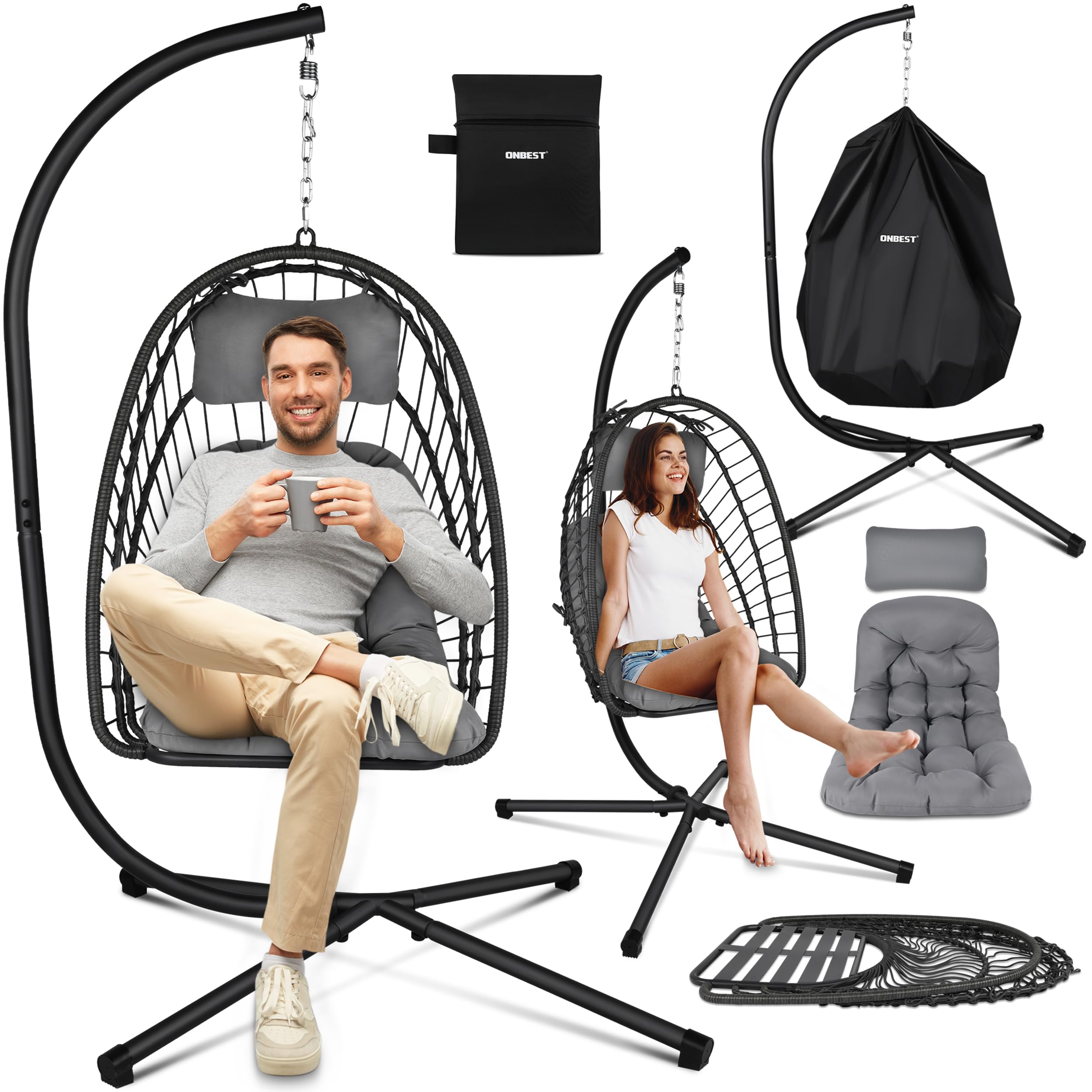 ONBEST Hängesessel mit Gestell – 360° Hängestuhl, Grau | Klappbarer Hängekorb mit Polster, Schutzhülle und 130 kg Belastbarkeit – für Garten, Balkon, Wohnzimmer, Outdoor & Indoor