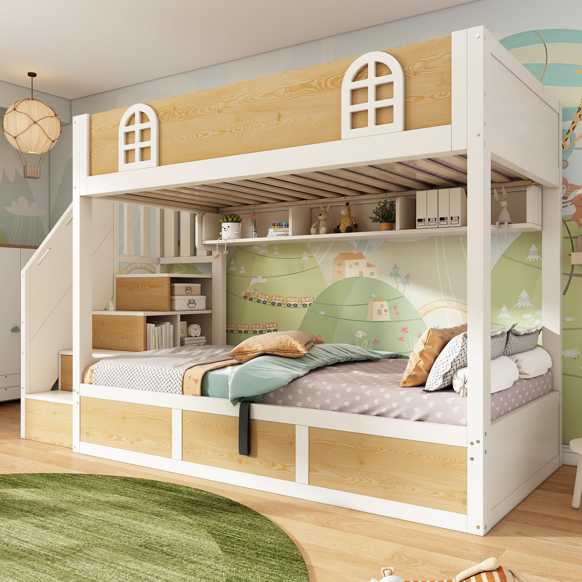 Dolamaní Letto a castello in legno 90 x 200 cm per 2 persone, con spazio di archiviazione idraulico, scala, reti a doghe e protezione anti-caduta, senza materasso (bianco + naturale B)