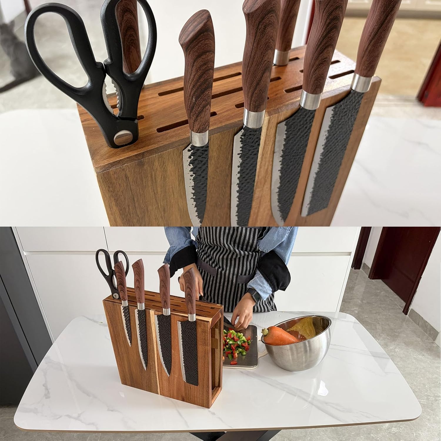 Wooden Magnetic Knife Block,Double Side Knife Storage Organizer with Slots for Kitchen Counter,Space Saver Large Knives Storage Display Stand without Knives