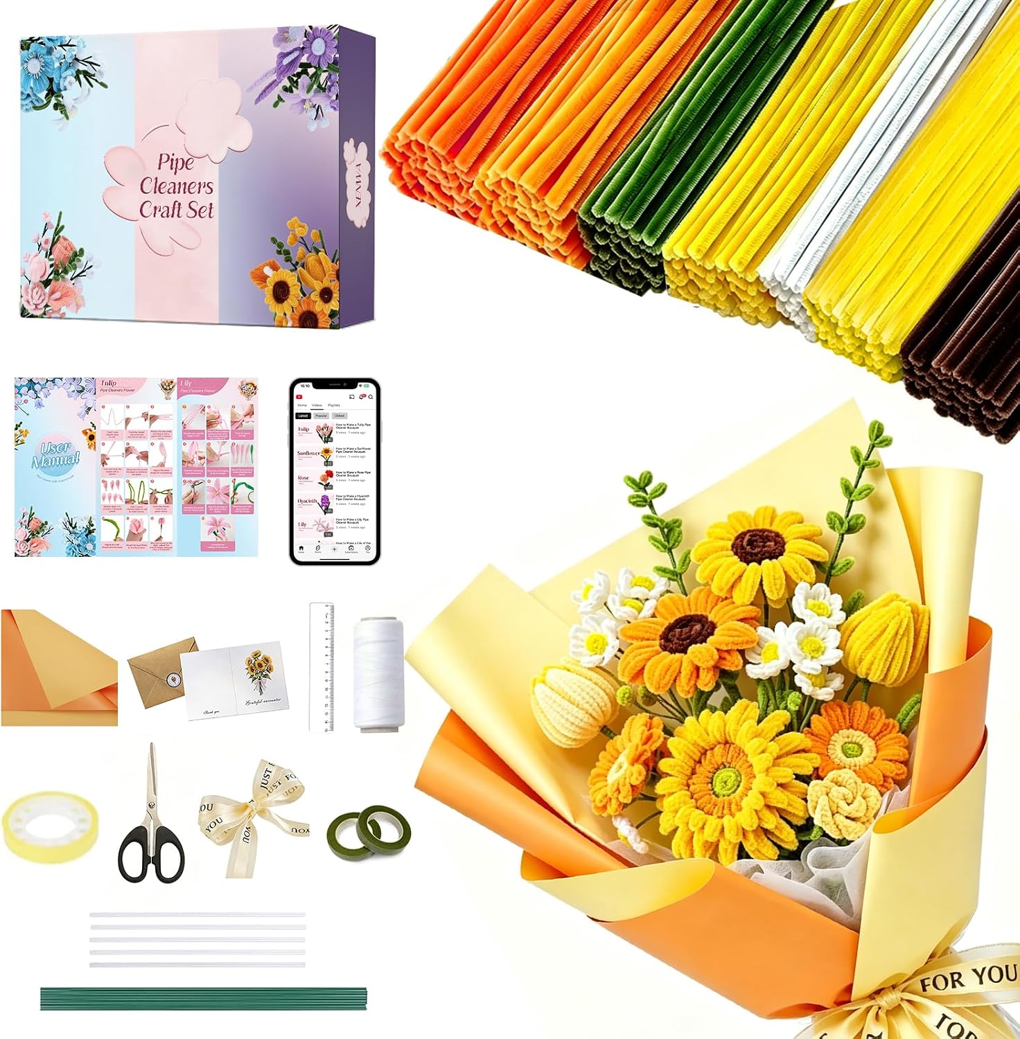 EWEIS Pipe Cleaner Flower Bouquet Kit, 650Pcs 7 Colors Orange Sunflower Set