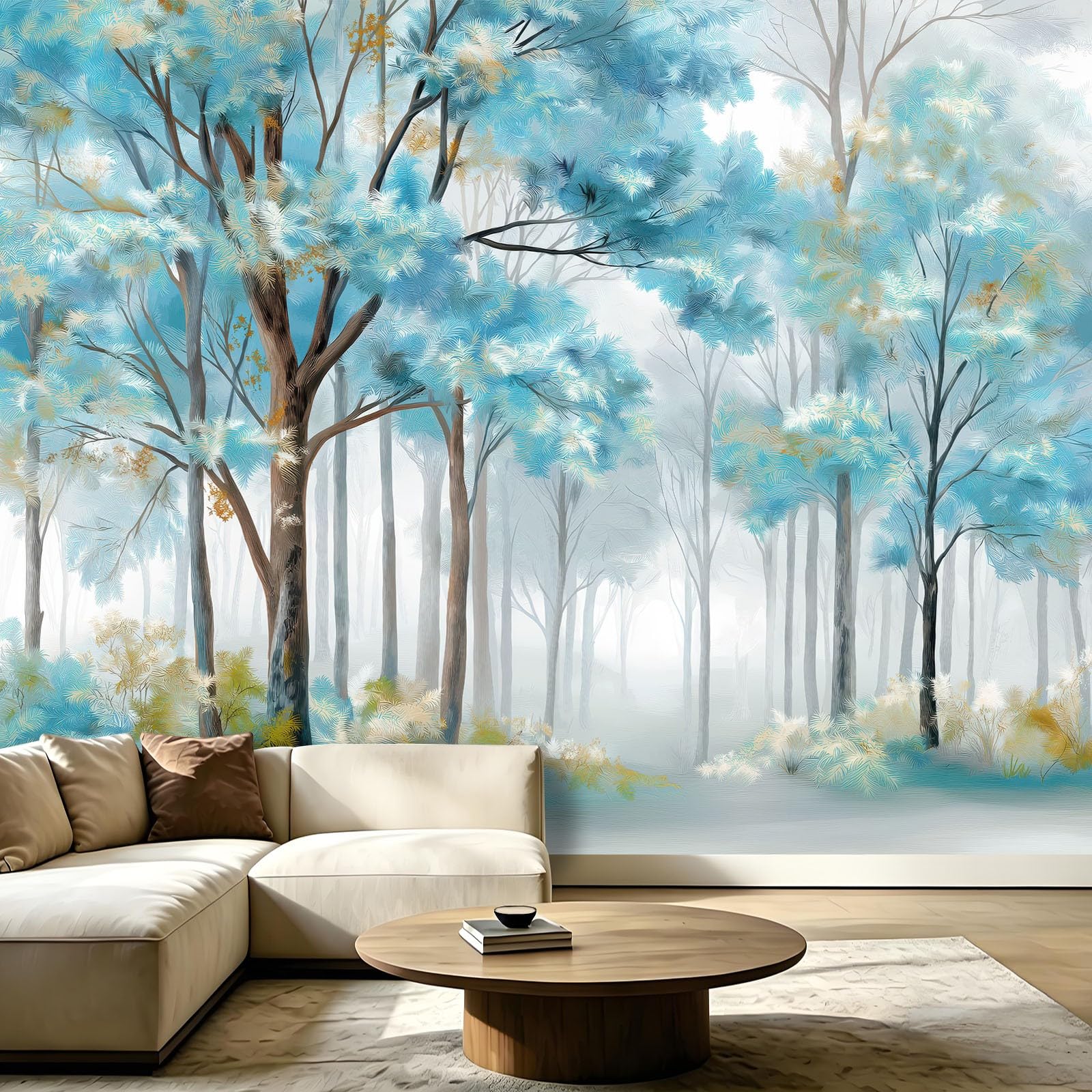 Papel pintado fotográfico de niebla de árboles, 300 x 210 cm (ancho x alto) no tejido, mural de pared abstracto bosque acuarela para cocina, comedor, oficina, papel pintado decorativo