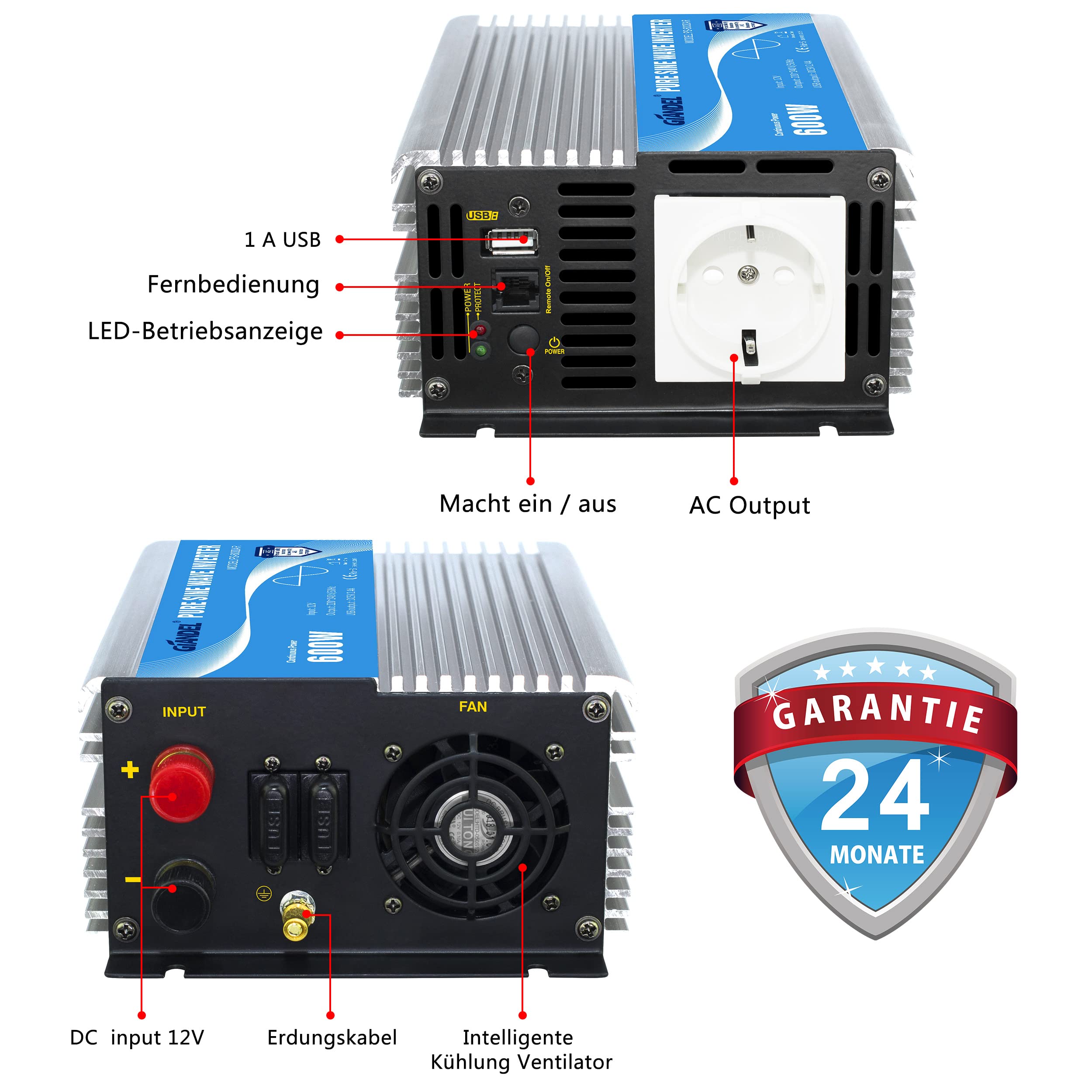 600W Wechselrichter Reiner Sinus Spannungswandler 12V auf 230V Power Inverter mit Fernbedienung und USB-Anschluss für Laptop, Kamera, Smartphone GIANDEL Silver