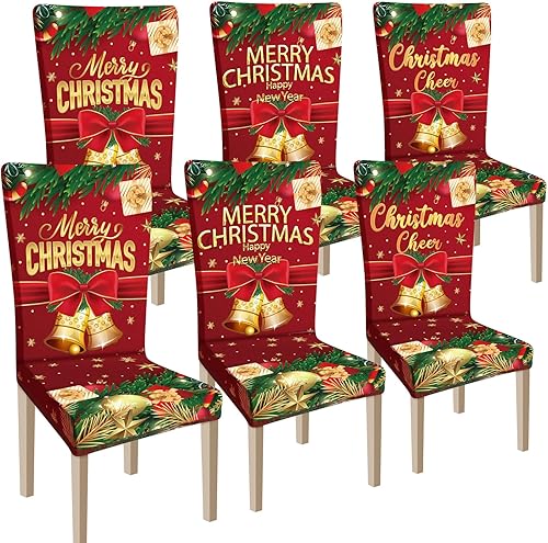 Ganeen 6 fundas navideñas para sillas de Navidad, cubierta trasera para silla, funda elástica para asiento de Navidad, lavable, para comedor,