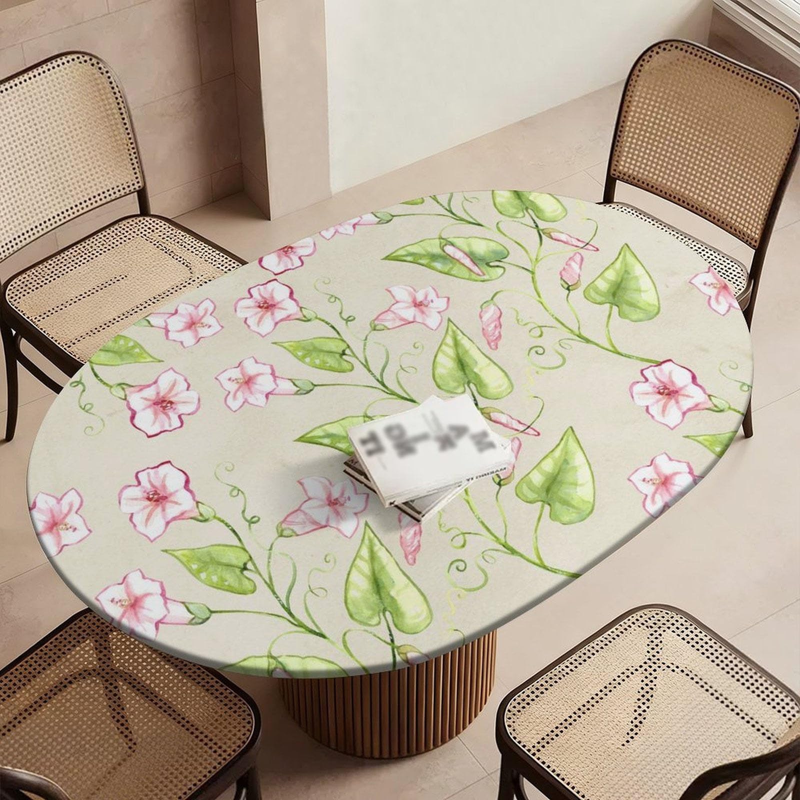Highdi Waterproof Oval Tablecloth Cover - Oxford Cloth - Elastic Fitted for Kitchen/Garden Oval Tables, Stain-Resistant Wipe-Clean Floral Printed Table Cover (Flower leaves,127x172cm)