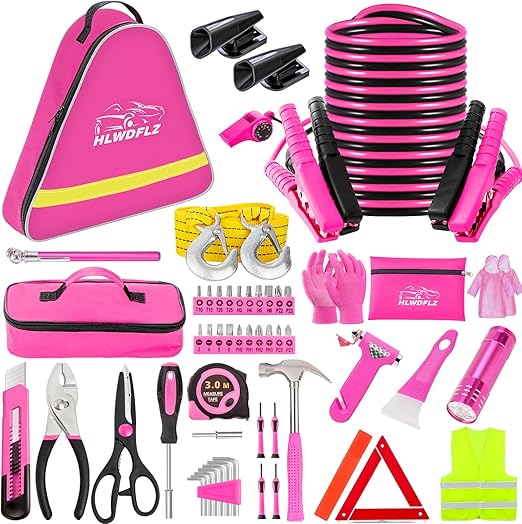 Car Roadside Emergency Kit - Pink Roadside Assistance Emergency Kit with Jumper Cables, Auto Tool Set, Deer Whistles, Winter Car Safety Roadside Assist Kit for Teen Girl and Ladies