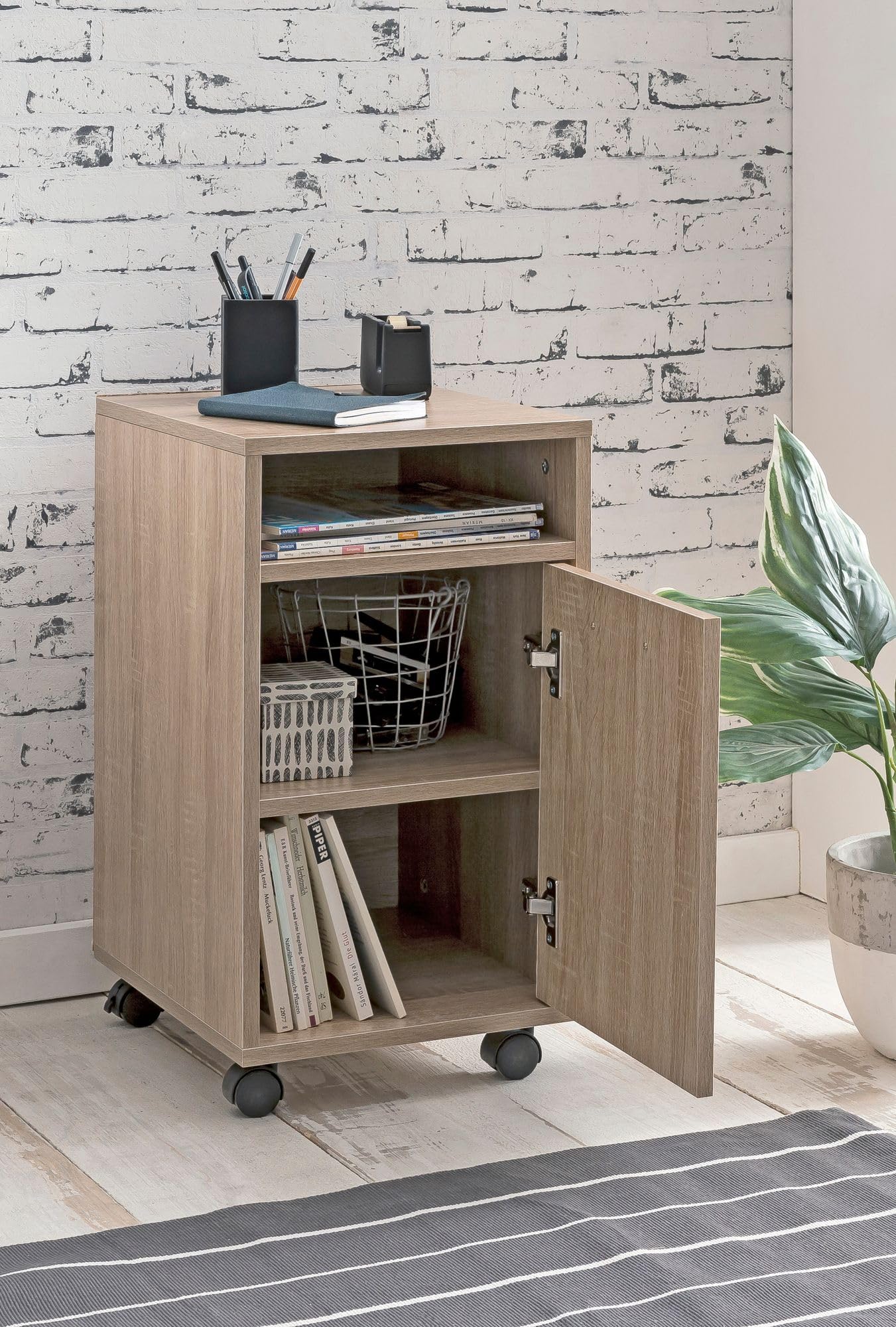 FineBuy Caisson de Bureau 33x60x38 cm Placard de Rangement Mobile Sonoma | Armoire de Rangement Petite avec Porte | Meuble de Bureau a Roulette