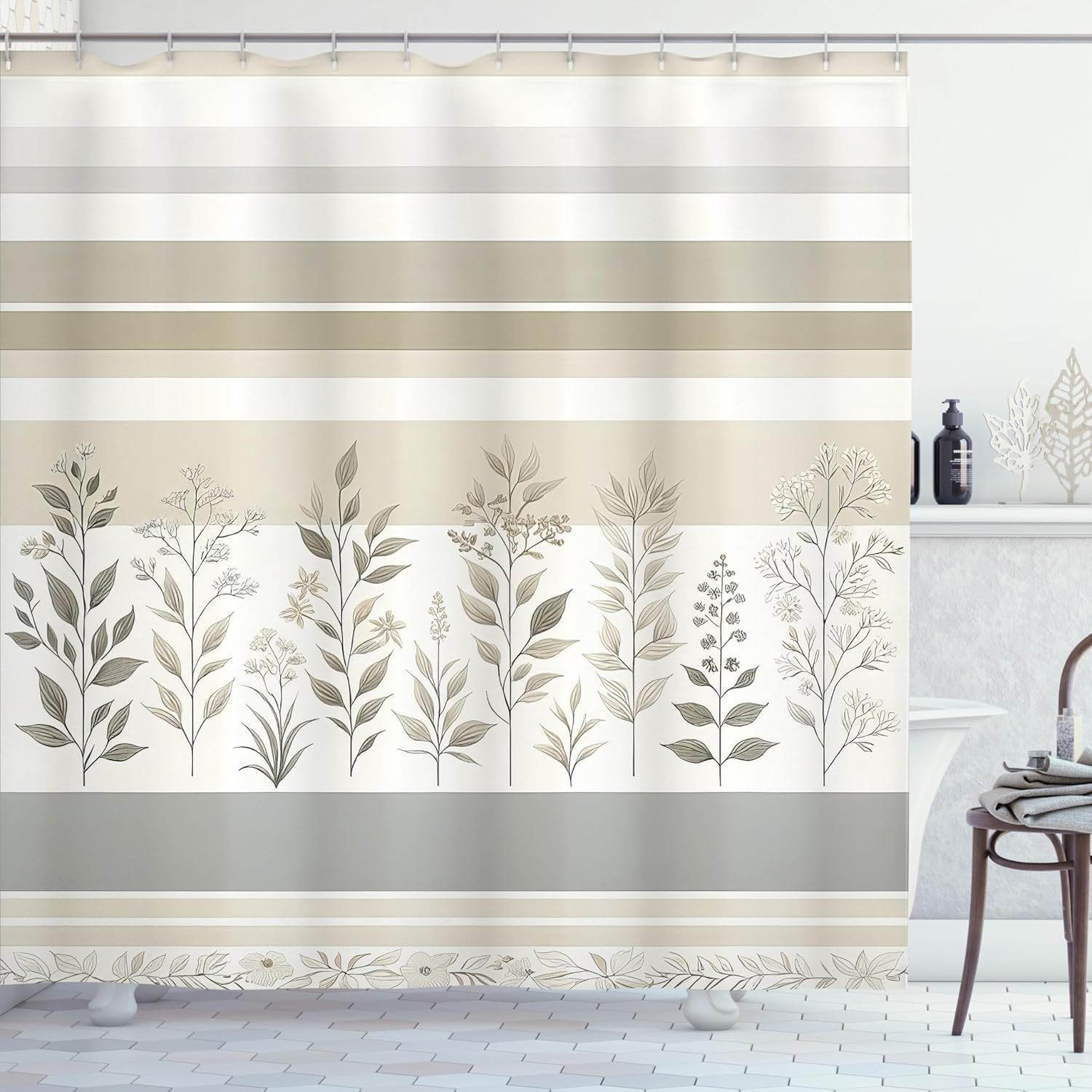 Ambesonne Striped Shower Curtain, Modern Minimalist Leafy Scene Neutral Boho Stripes with Floral Details, Cloth Fabric Bathroom Decor Set with Hooks, 69" W x 84" L, Pale Grey Eggshell Dusk
