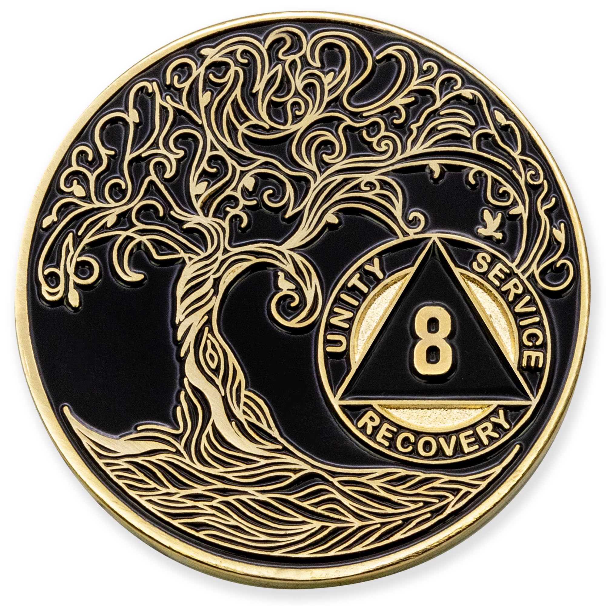 1 to 50 Year Twisted Tree of Life Sobriety Coin - Gold Plated AA Chips &amp; Medallions - 8 Year Sobriety Coin - Black