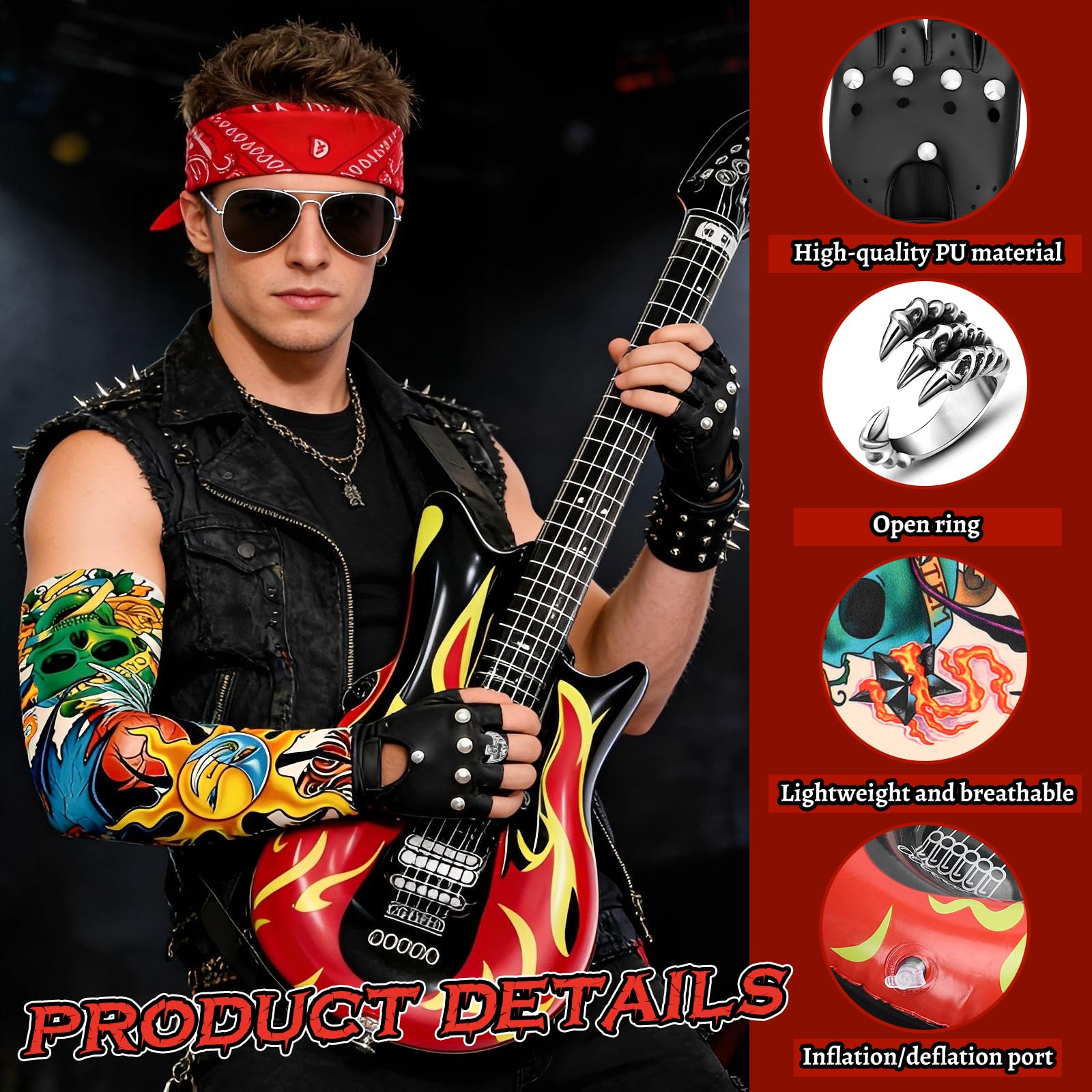 Athora 10Pcs Rockstar Fancy Dress Set including Inflatable Guitar, Piano, Microphone, Tattoo Sleeves, Sunglasses - Image 3