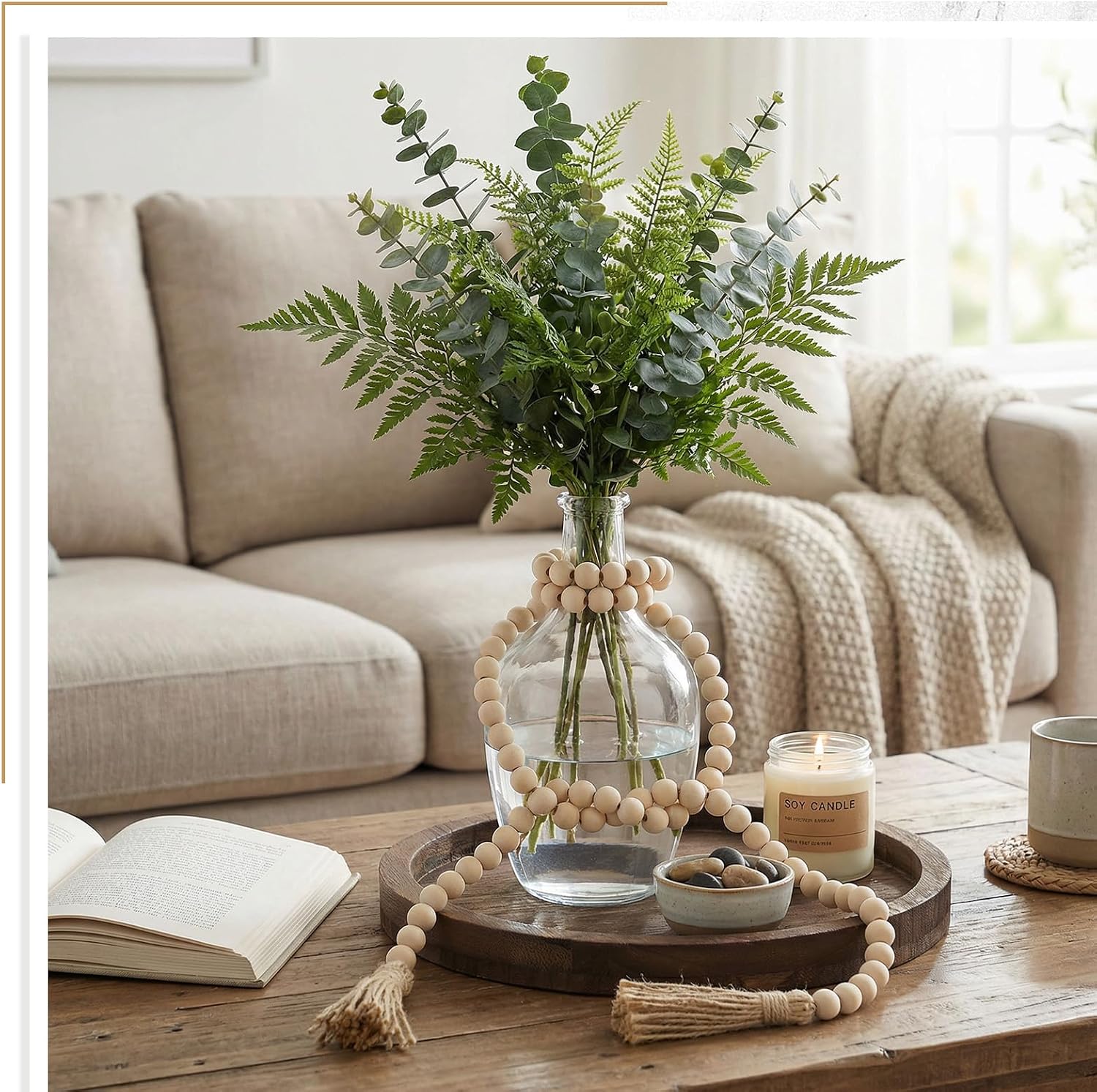 3 Pcs Rustic Country Tabletop Centerpieces, Boho Clear Tall Glass Vases Decor Wooden Serving Tray Wood Bead Garland with Tassels for Wedding Living Room Home Table Holder(Brown)